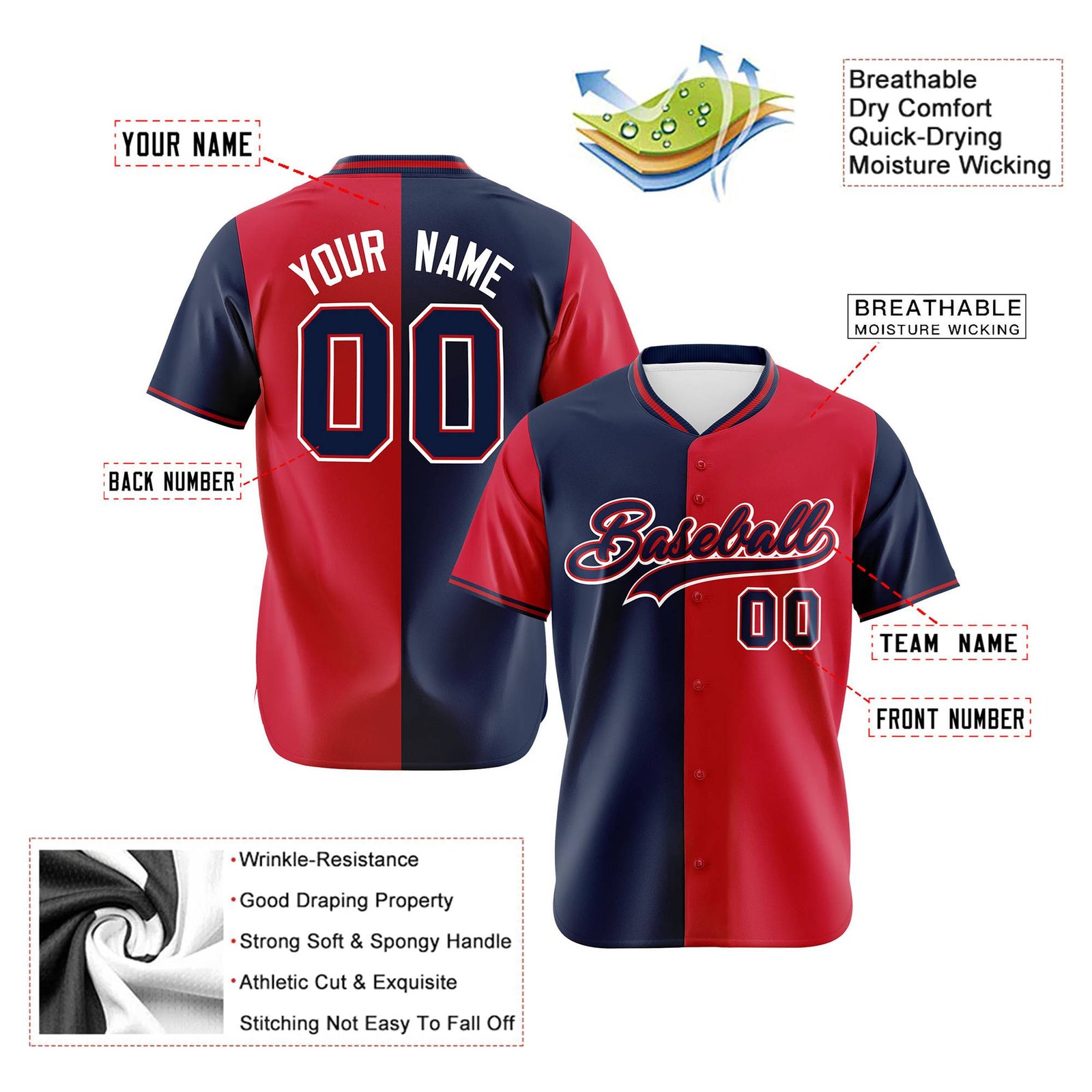 Custom Navy Red Authentic Split Fashion Baseball Jersey