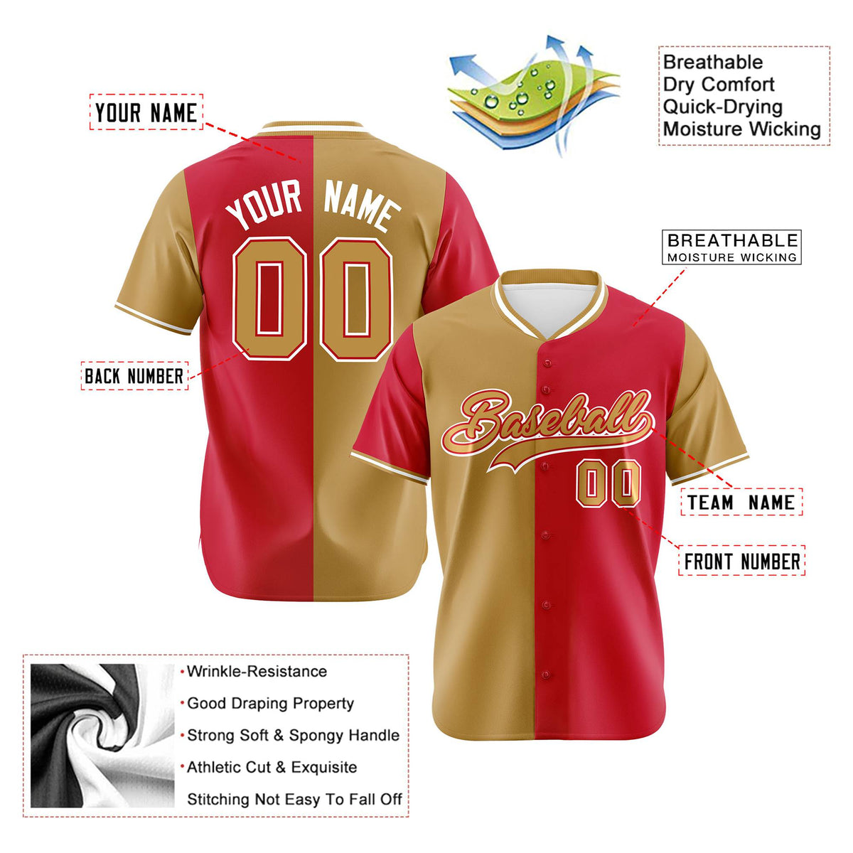 Custom Old Gold Red Authentic Split Fashion Baseball Jersey