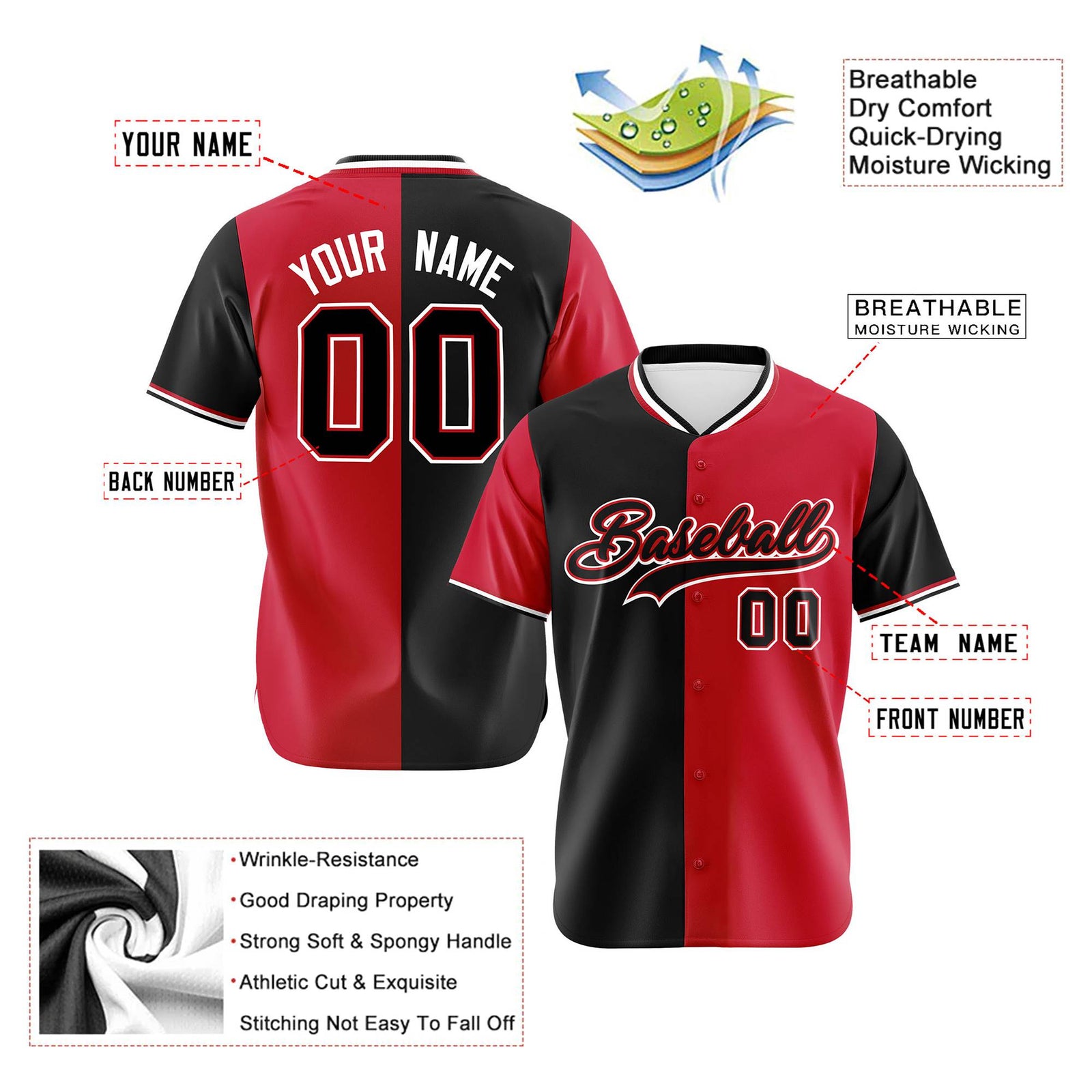 Custom Black Red Authentic Split Fashion Baseball Jersey