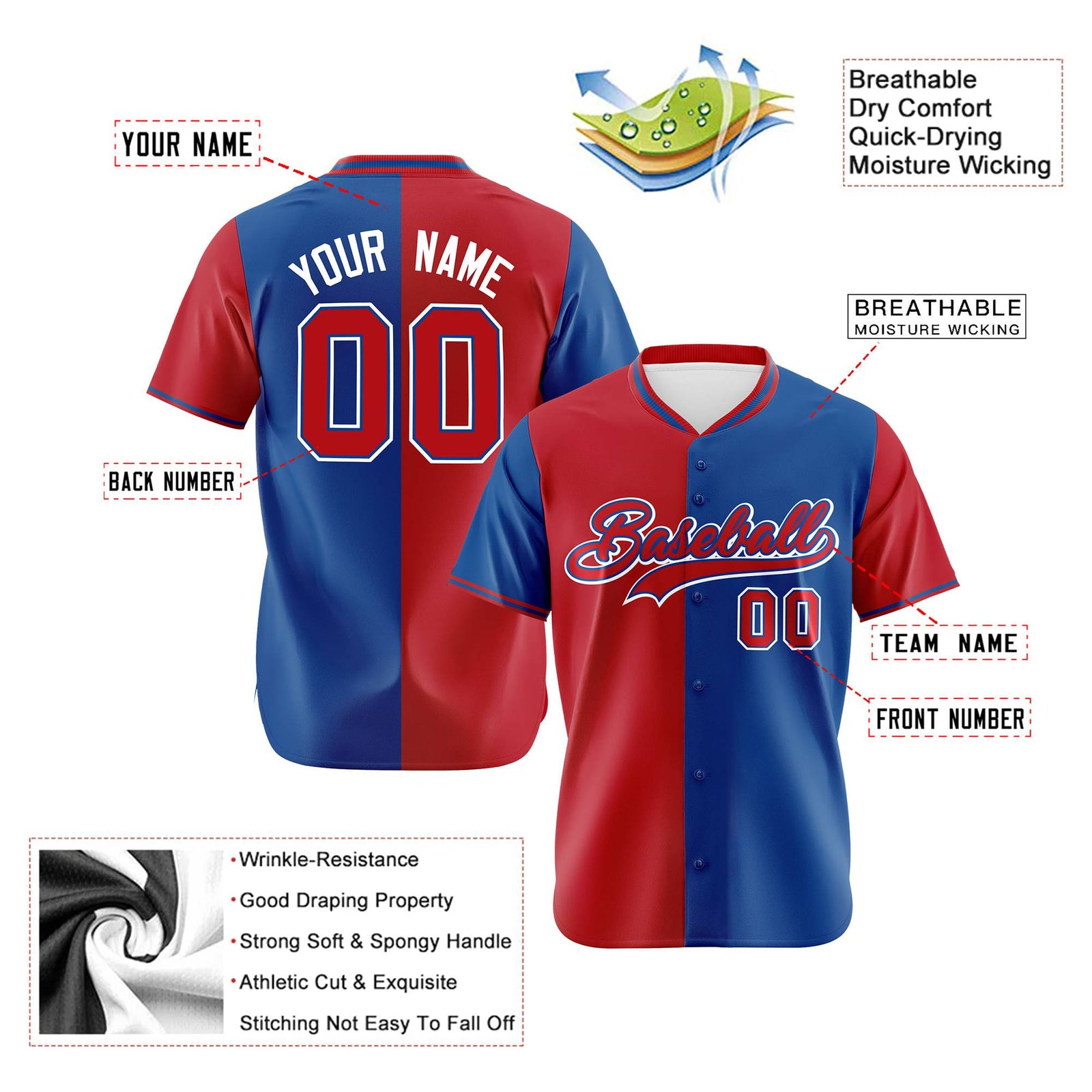 Custom Red Royal Blue Authentic Split Fashion Baseball Jersey