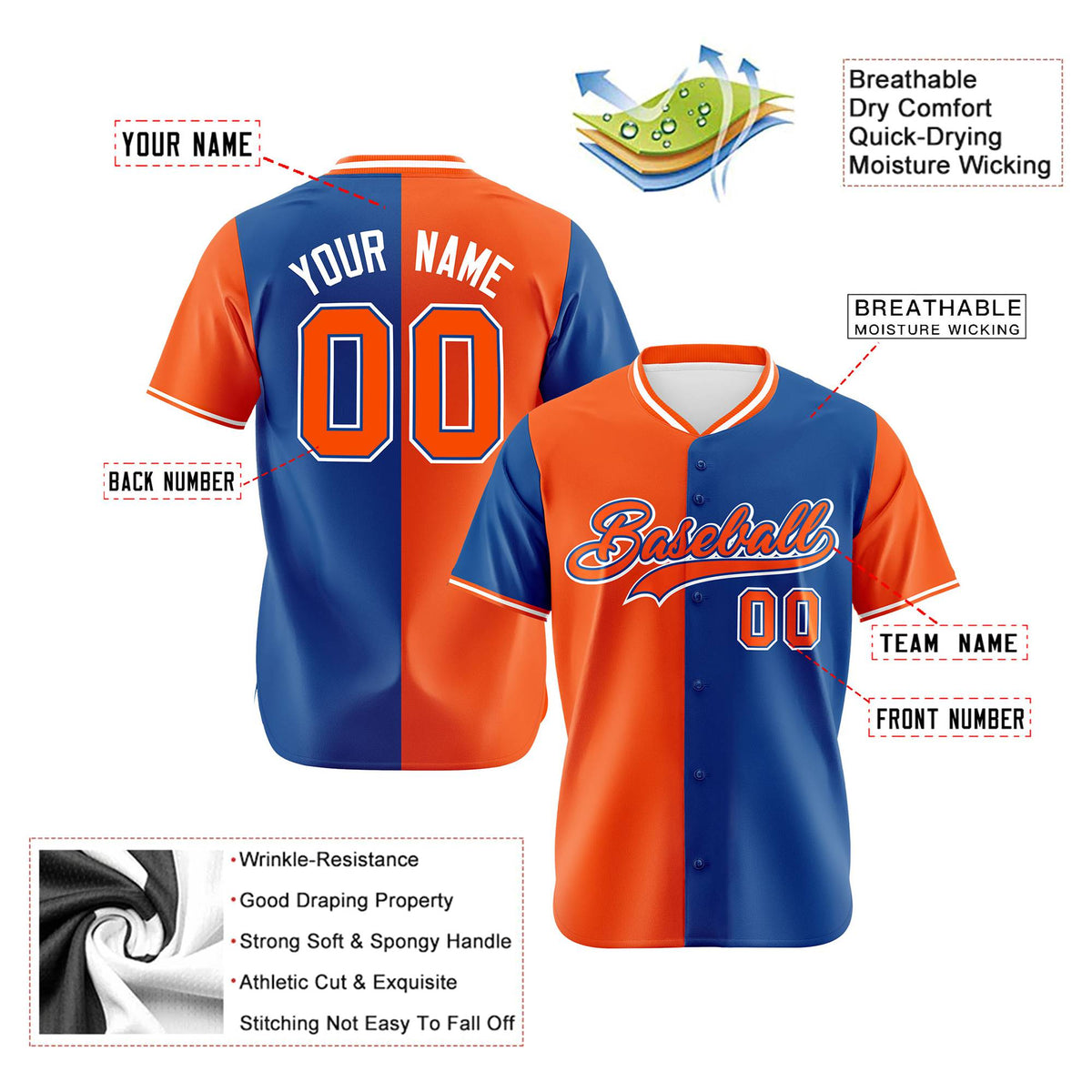 Custom Orange Royal Blue Authentic Split Fashion Baseball Jersey