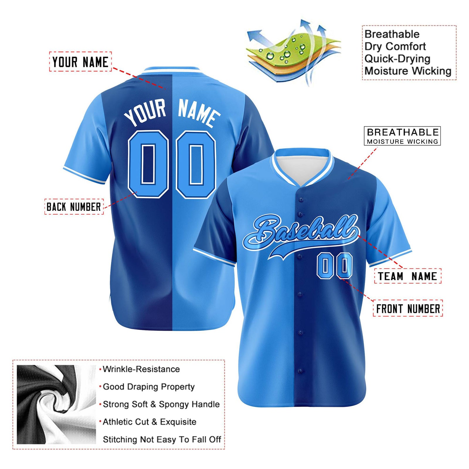 Custom Powder Blue-Royal Blue Authentic Split Fashion Baseball Jersey