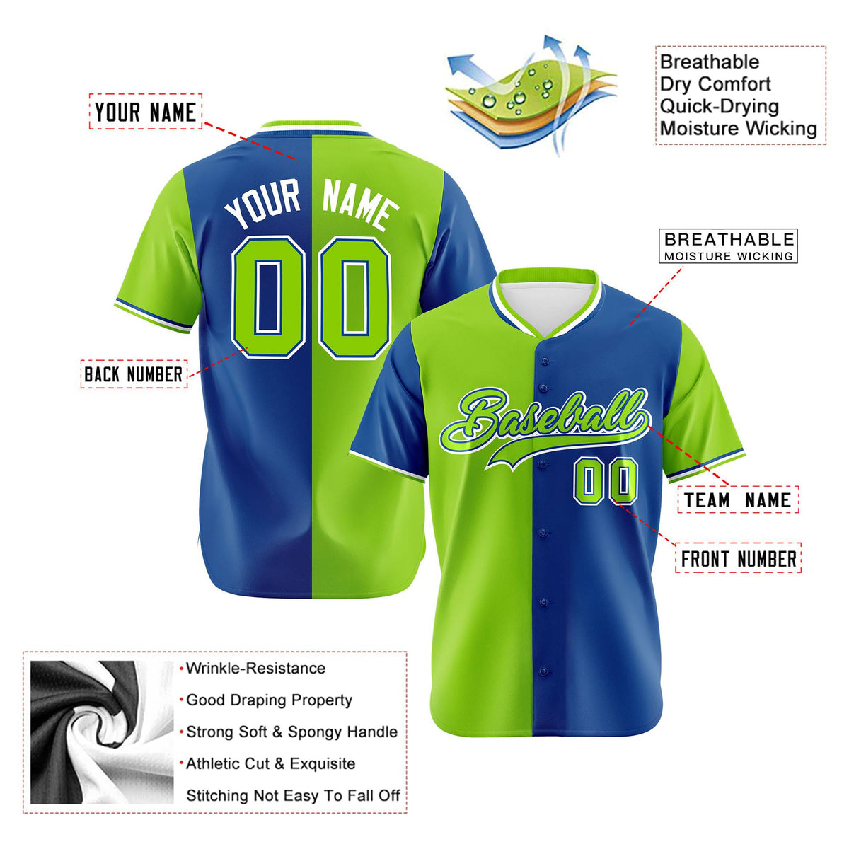 Custom Neon Green-Royal Blue Authentic Split Fashion Baseball Jersey