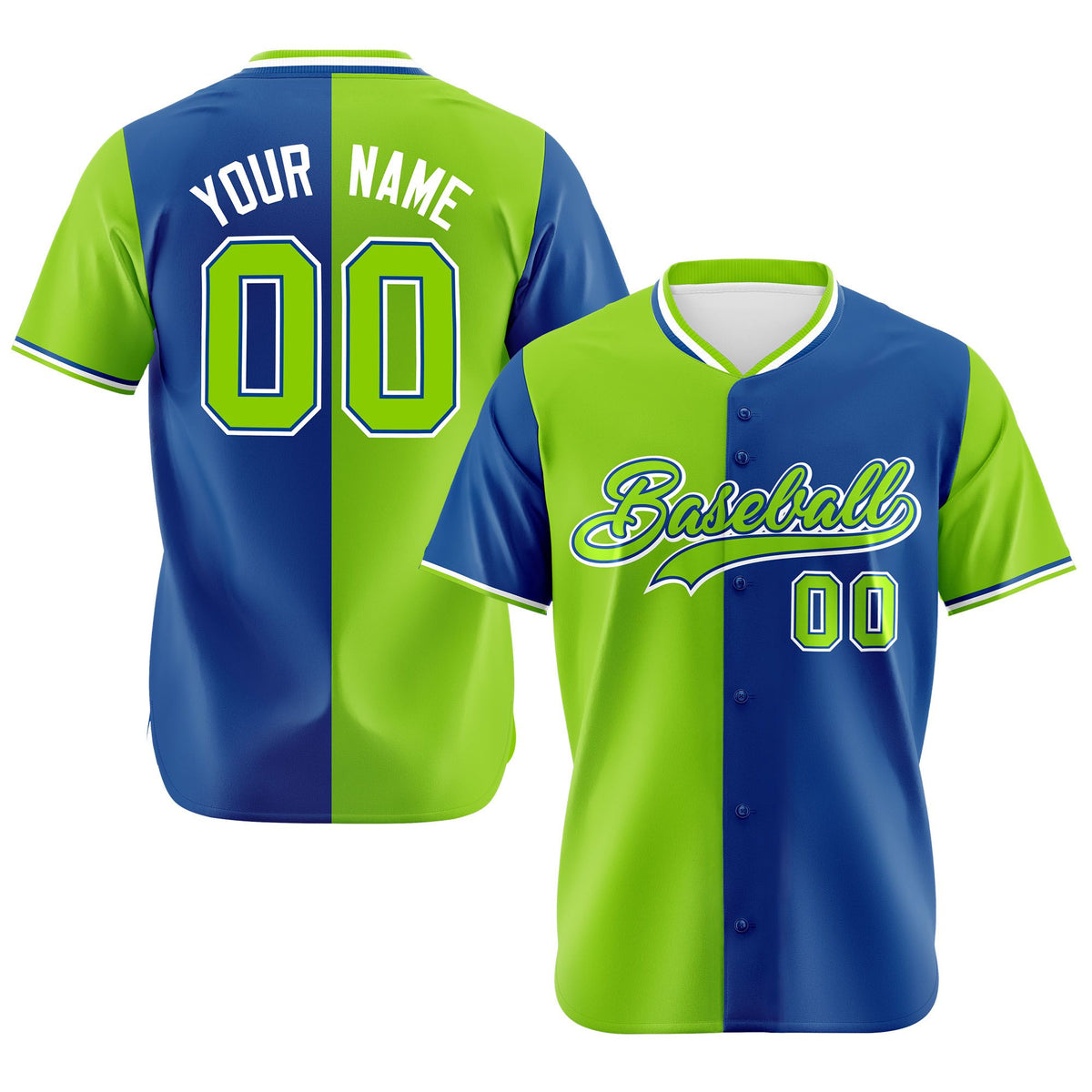 Custom Neon Green-Royal Blue Authentic Split Fashion Baseball Jersey