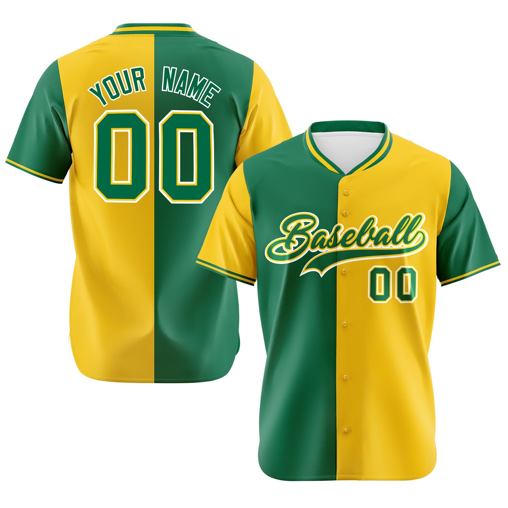 Custom Kelly Green Gold Authentic Split Fashion Baseball Jersey