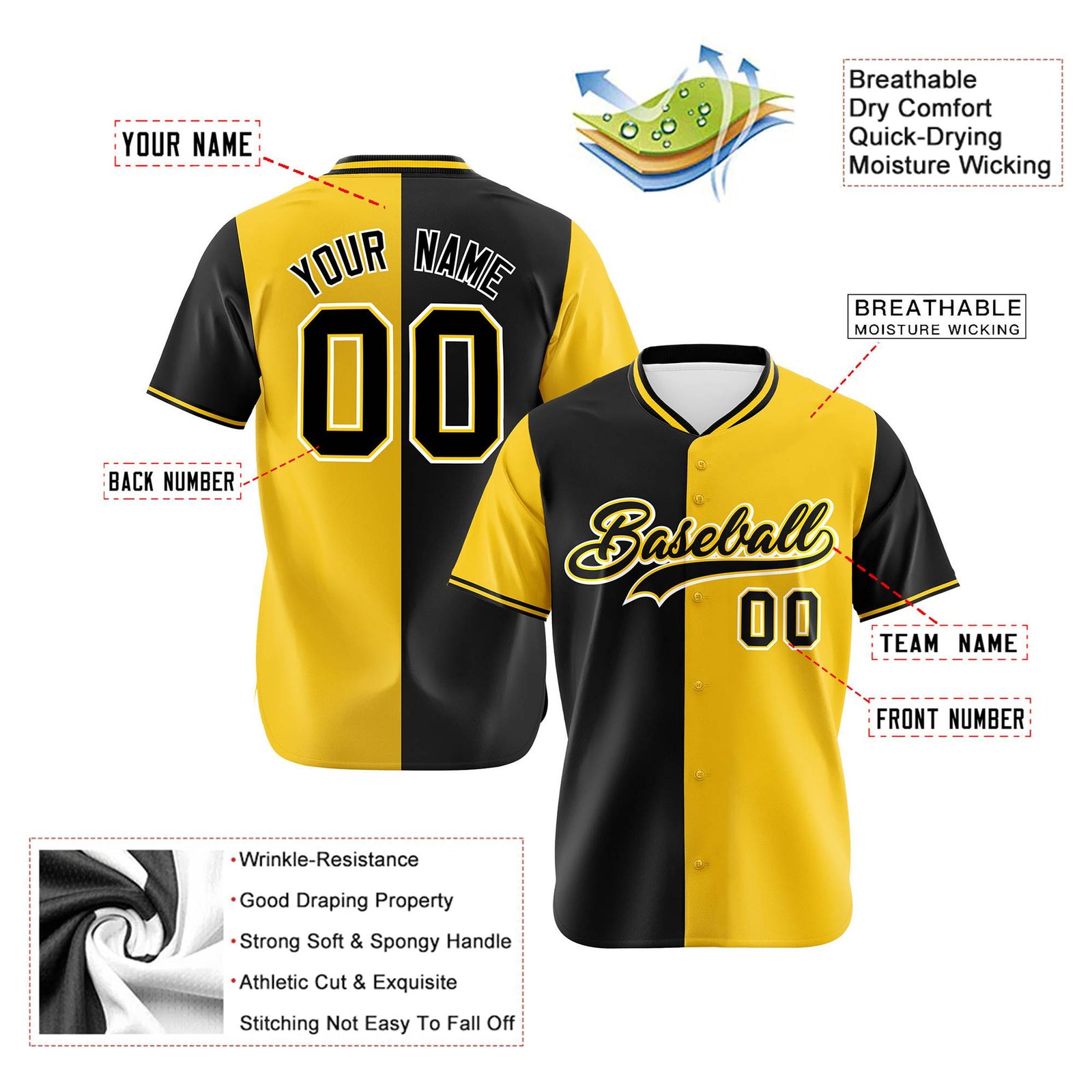 Custom Black Gold Authentic Split Fashion Baseball Jersey