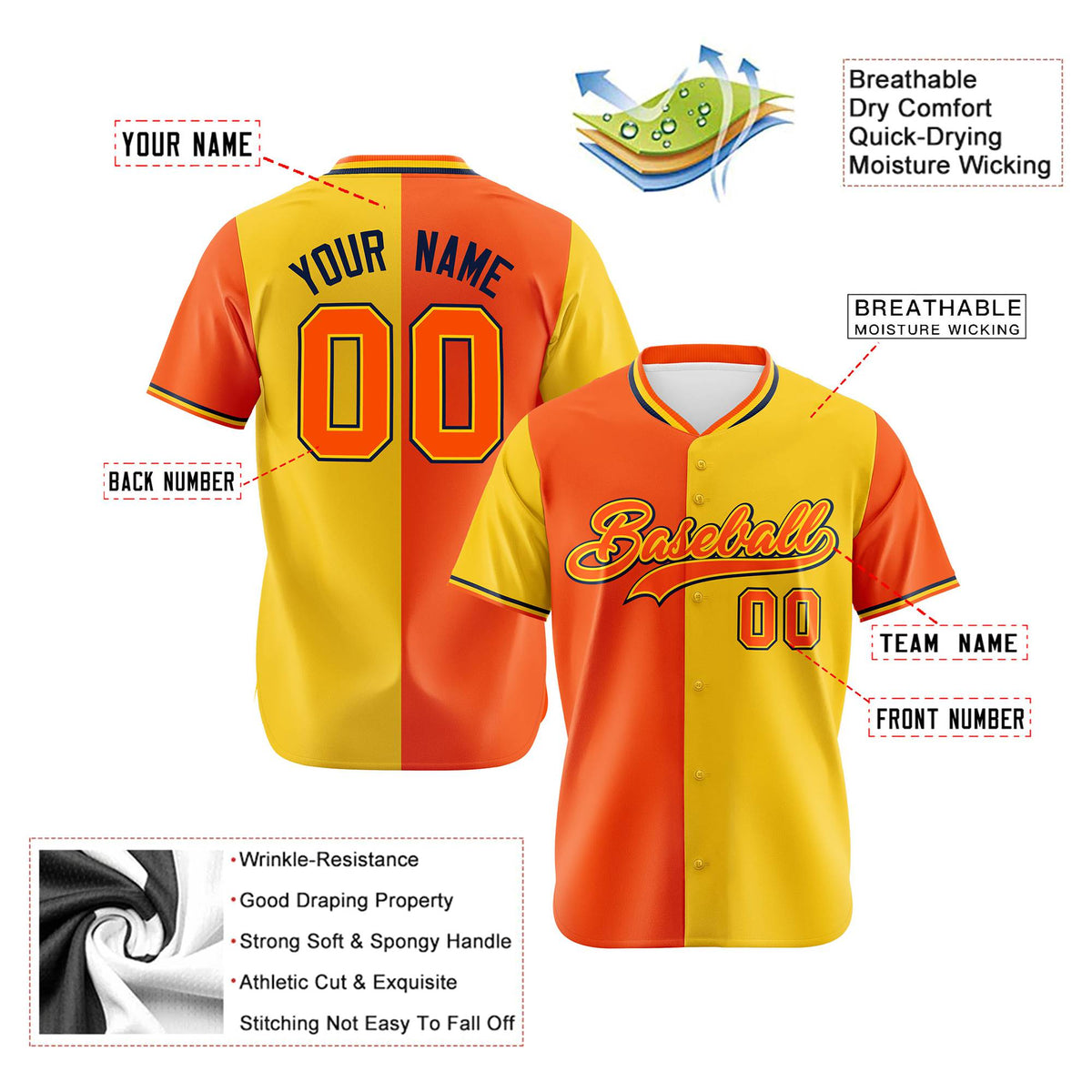 Custom Orange Gold Authentic Split Fashion Baseball Jersey