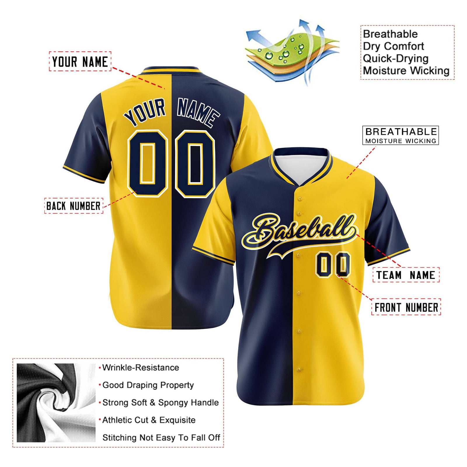 Custom Navy Gold Authentic Split Fashion Baseball Jersey