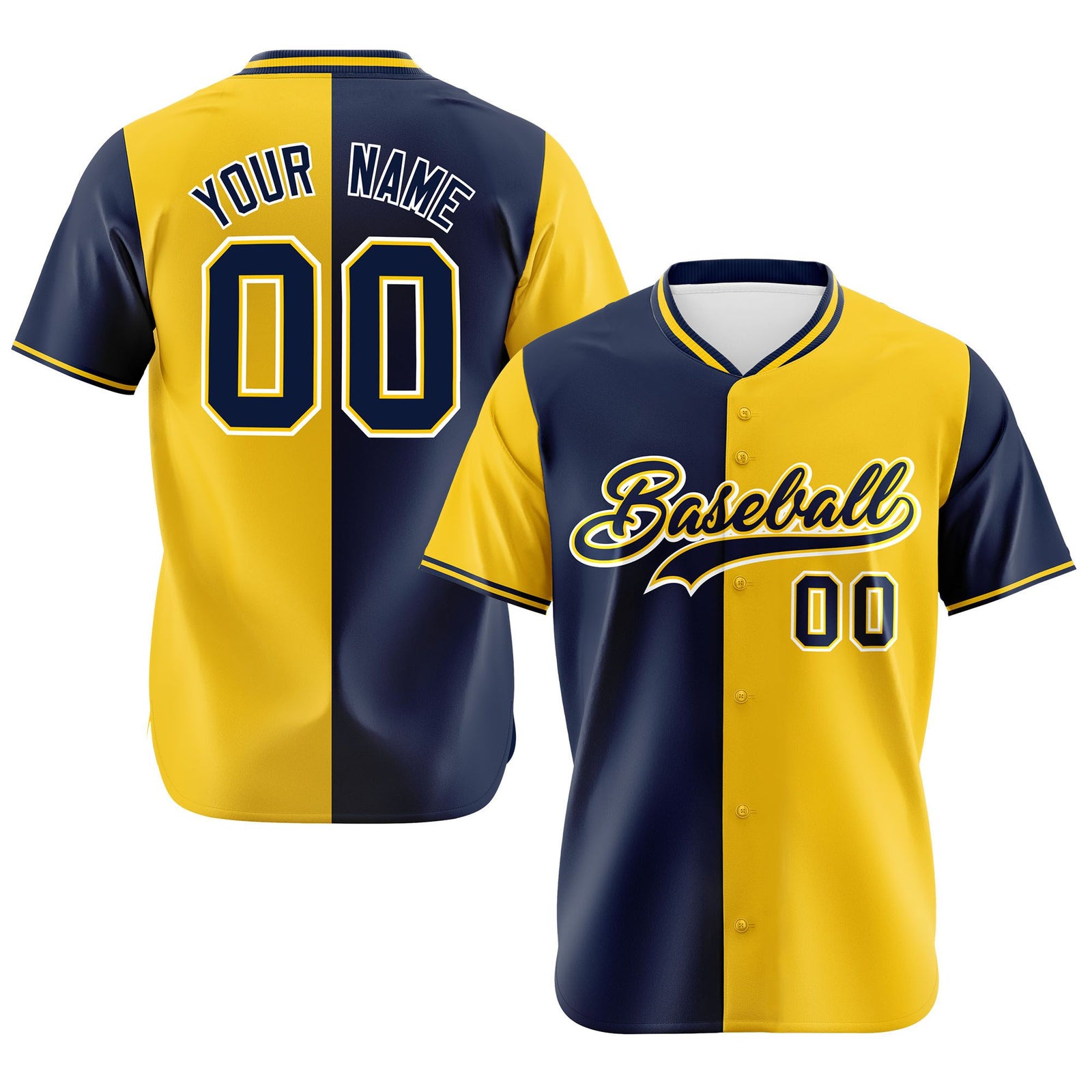 Custom Navy Gold Authentic Split Fashion Baseball Jersey