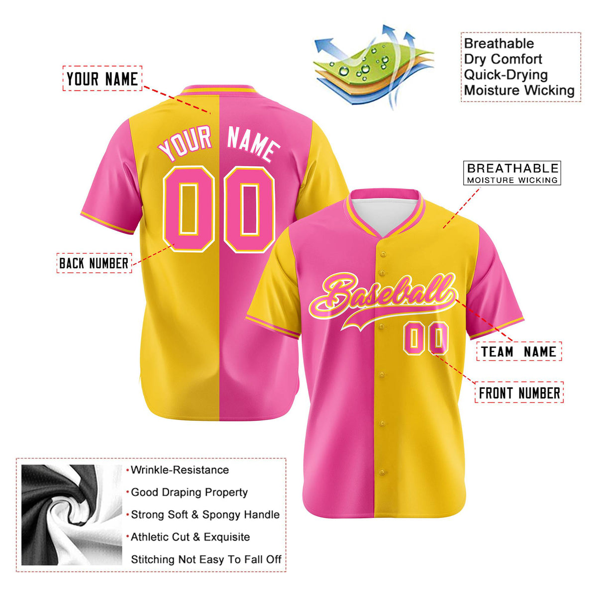 Custom Pink Gold Authentic Split Fashion Baseball Jersey