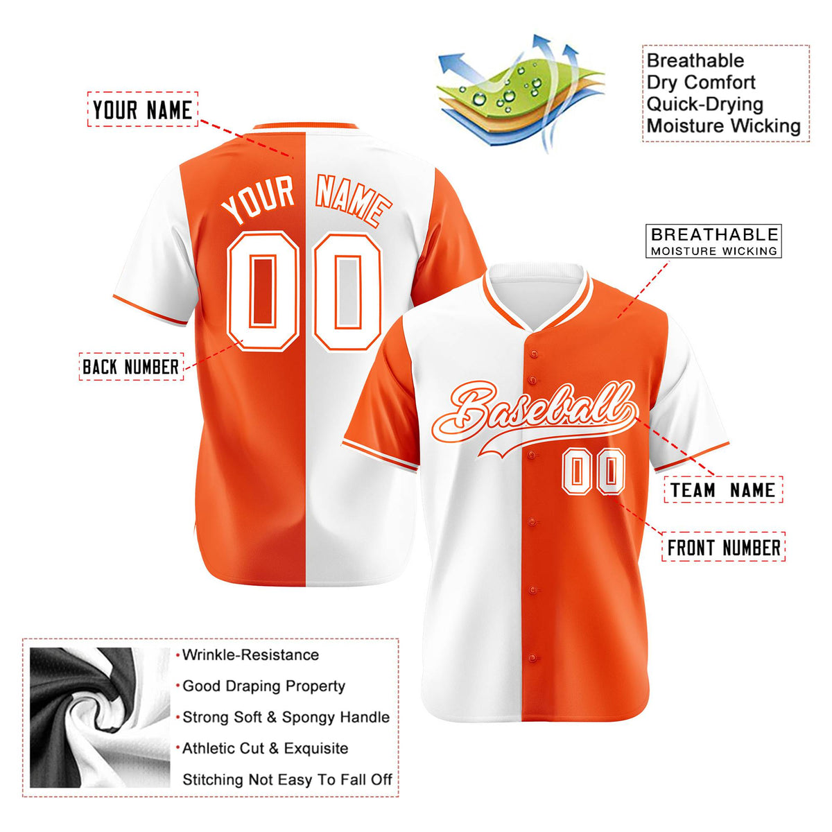 Custom White Orange Authentic Split Fashion Baseball Jersey