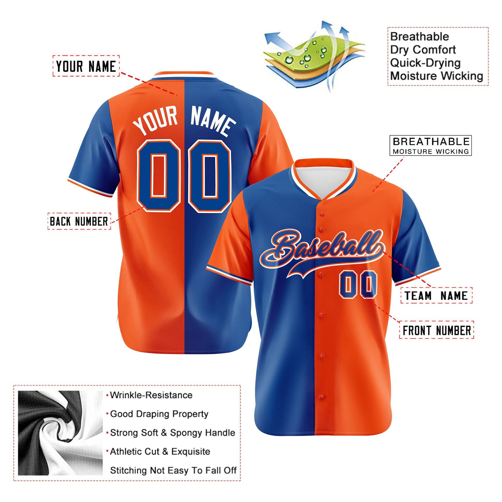 Custom Royal Blue Orange Authentic Split Fashion Baseball Jersey