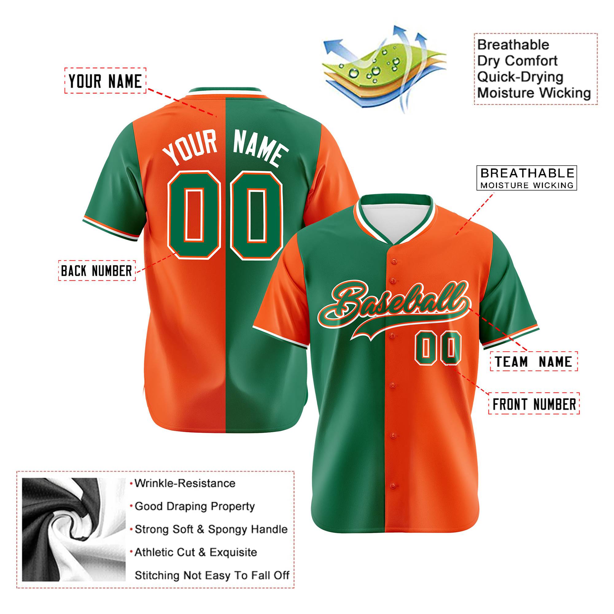 Custom Kelly Green Orange Authentic Split Fashion Baseball Jersey