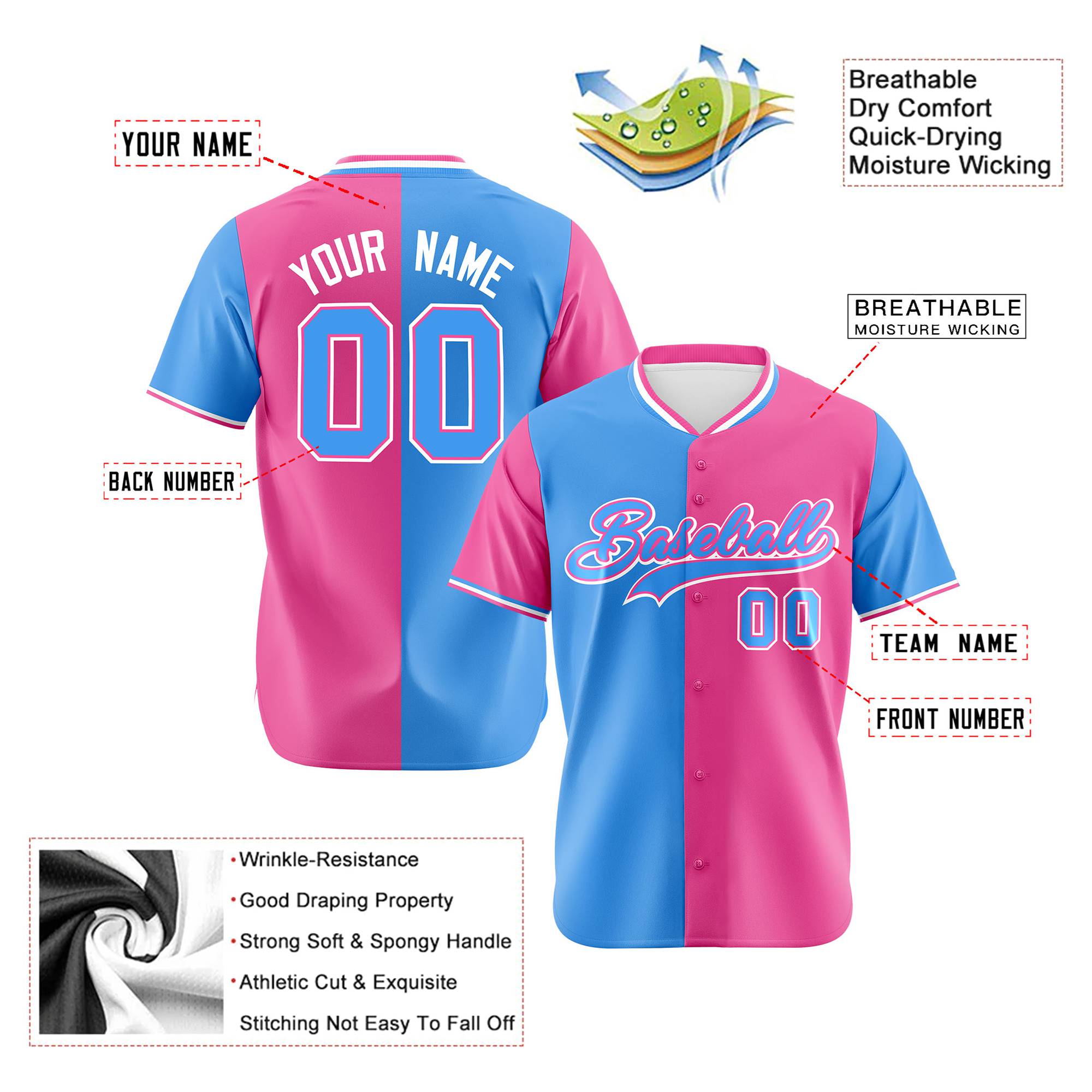 Custom Powder Blue Pink Authentic Split Fashion Baseball Jersey