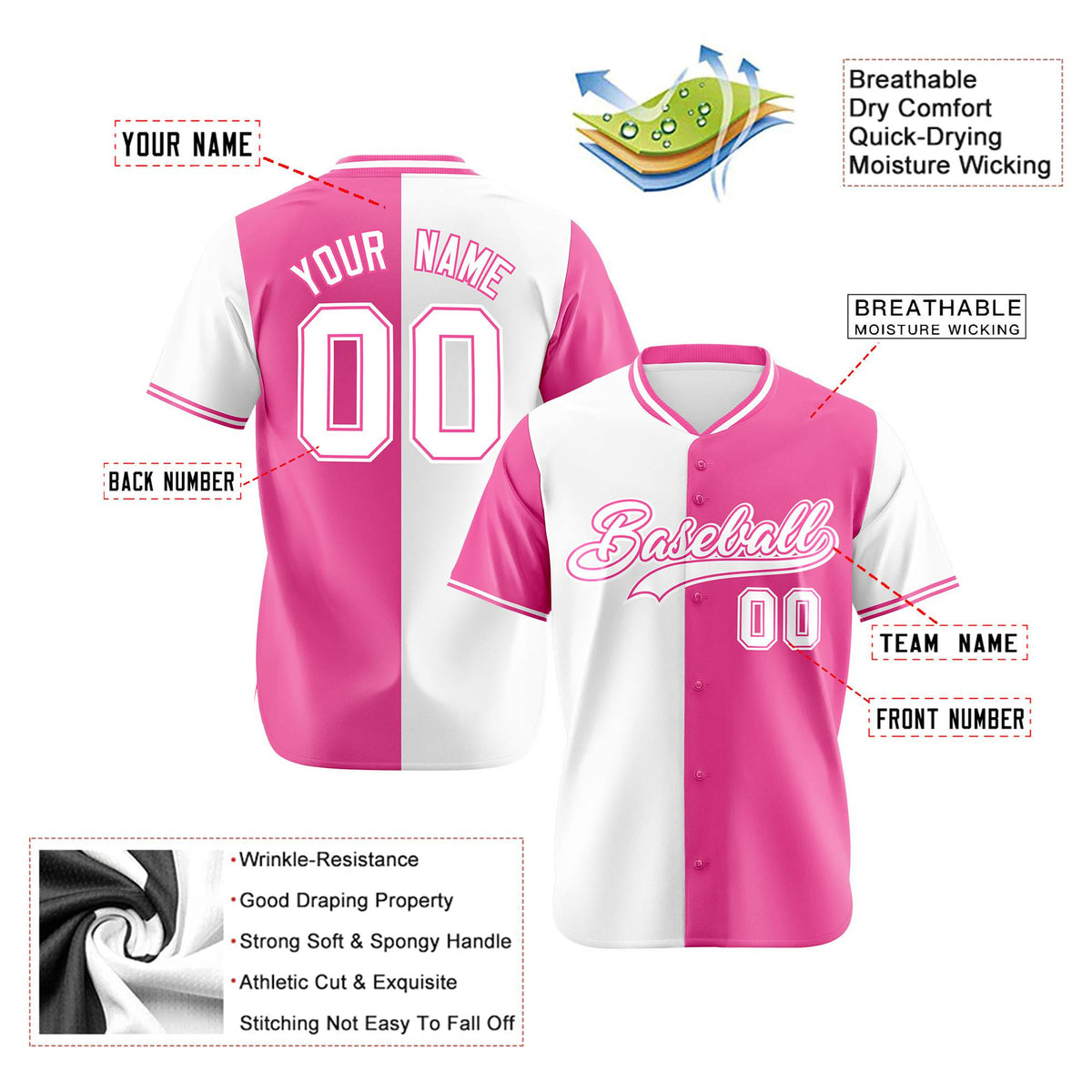 Custom White Pink Authentic Split Fashion Baseball Jersey