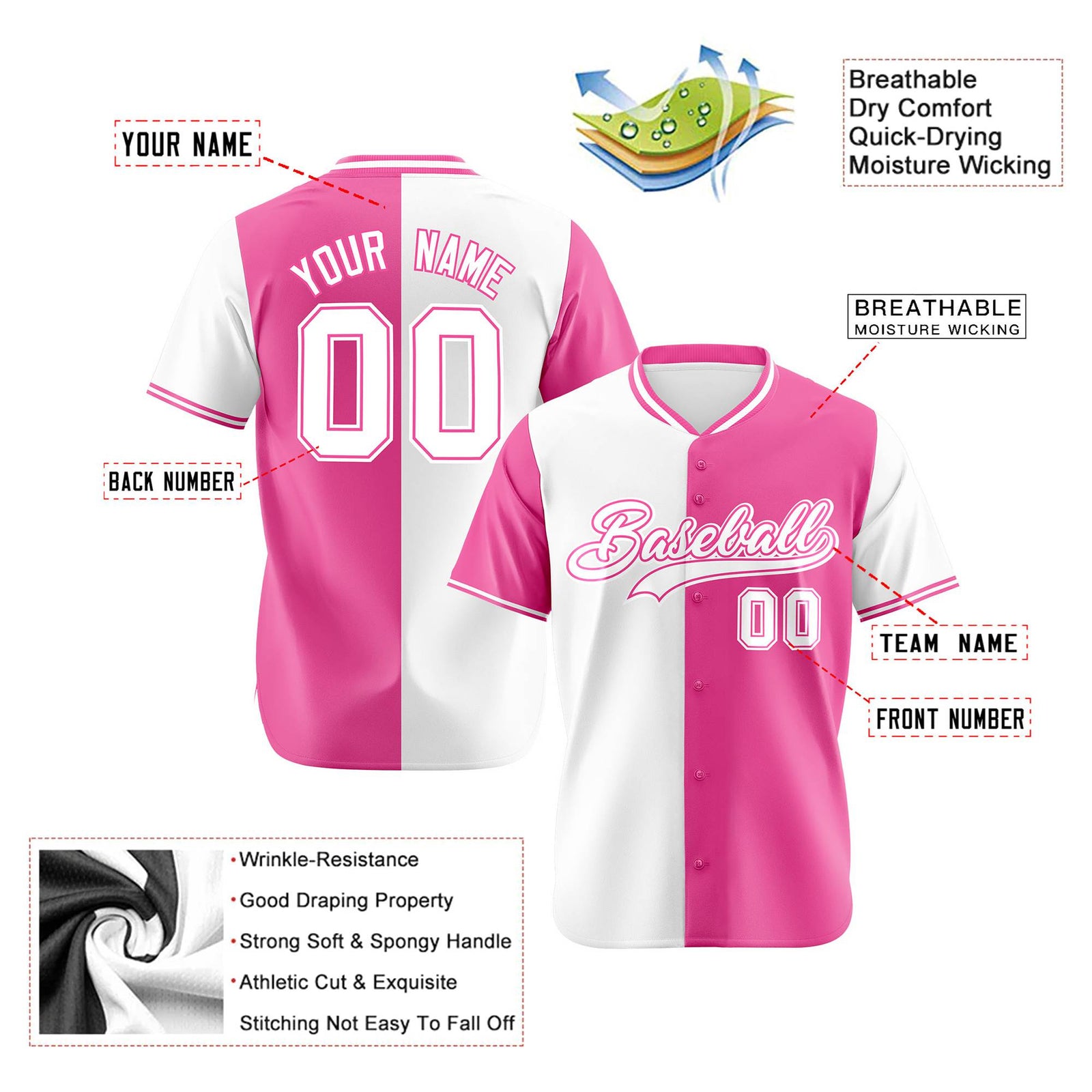 Custom White Pink Authentic Split Fashion Baseball Jersey