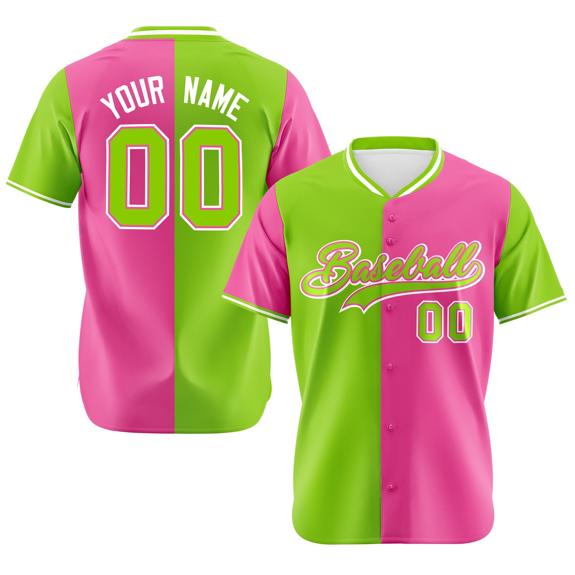 Custom Neon Green Pink Authentic Split Fashion Baseball Jersey