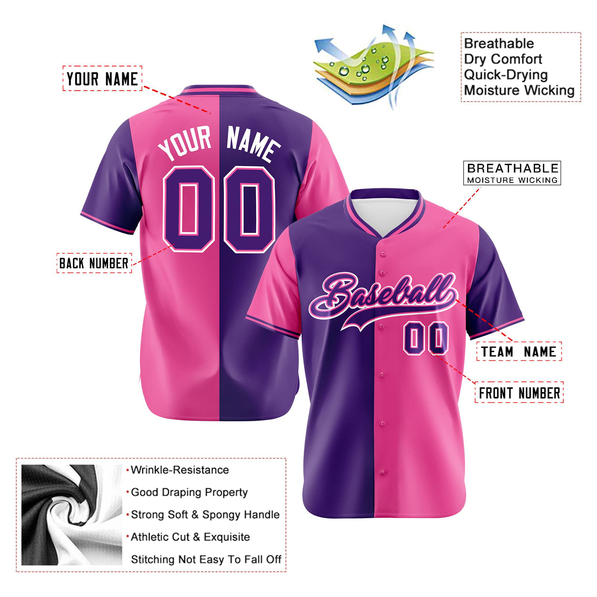 Custom Purple Pink Authentic Split Fashion Baseball Jersey