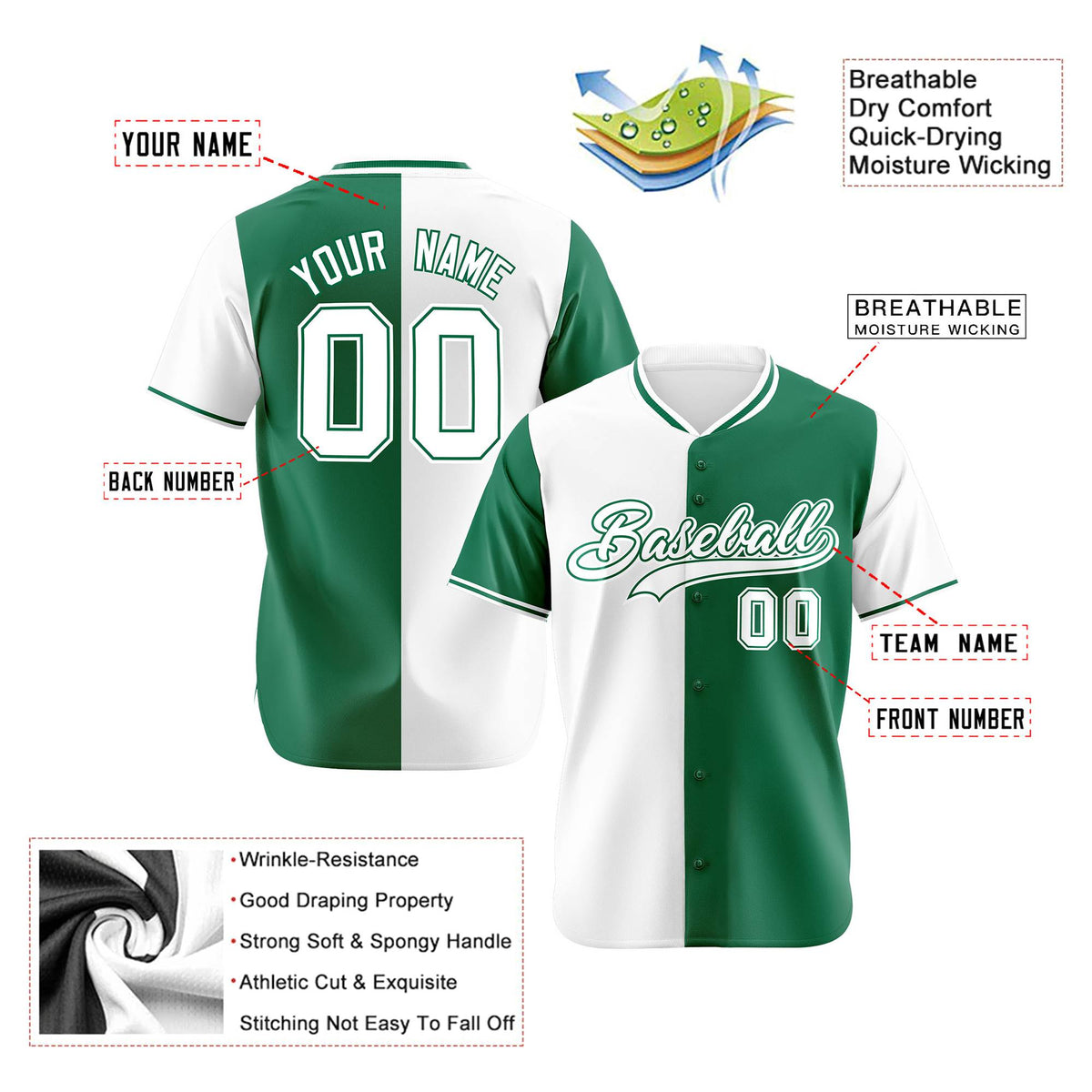 Custom White Kelly Green Authentic Split Fashion Baseball Jersey