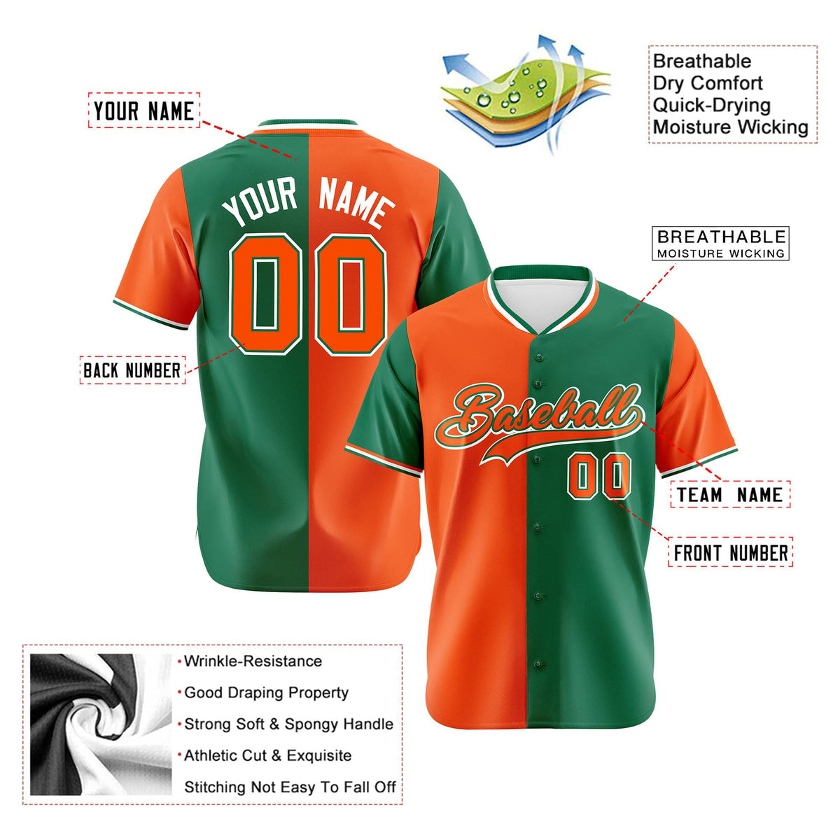 Custom Orange Kelly Green Authentic Split Fashion Baseball Jersey