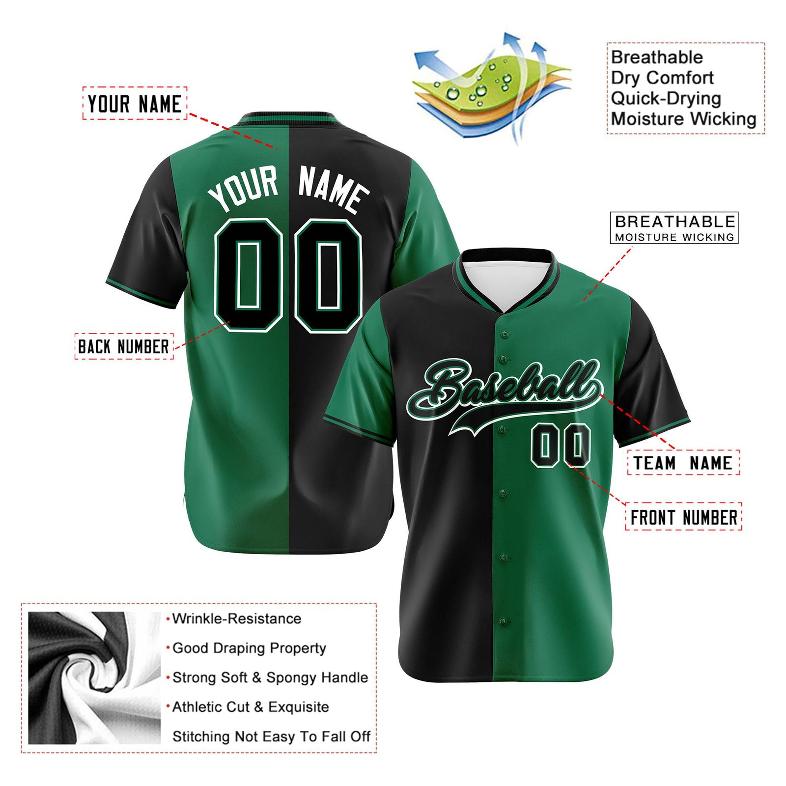 Custom Black Kelly Green Authentic Split Fashion Baseball Jersey