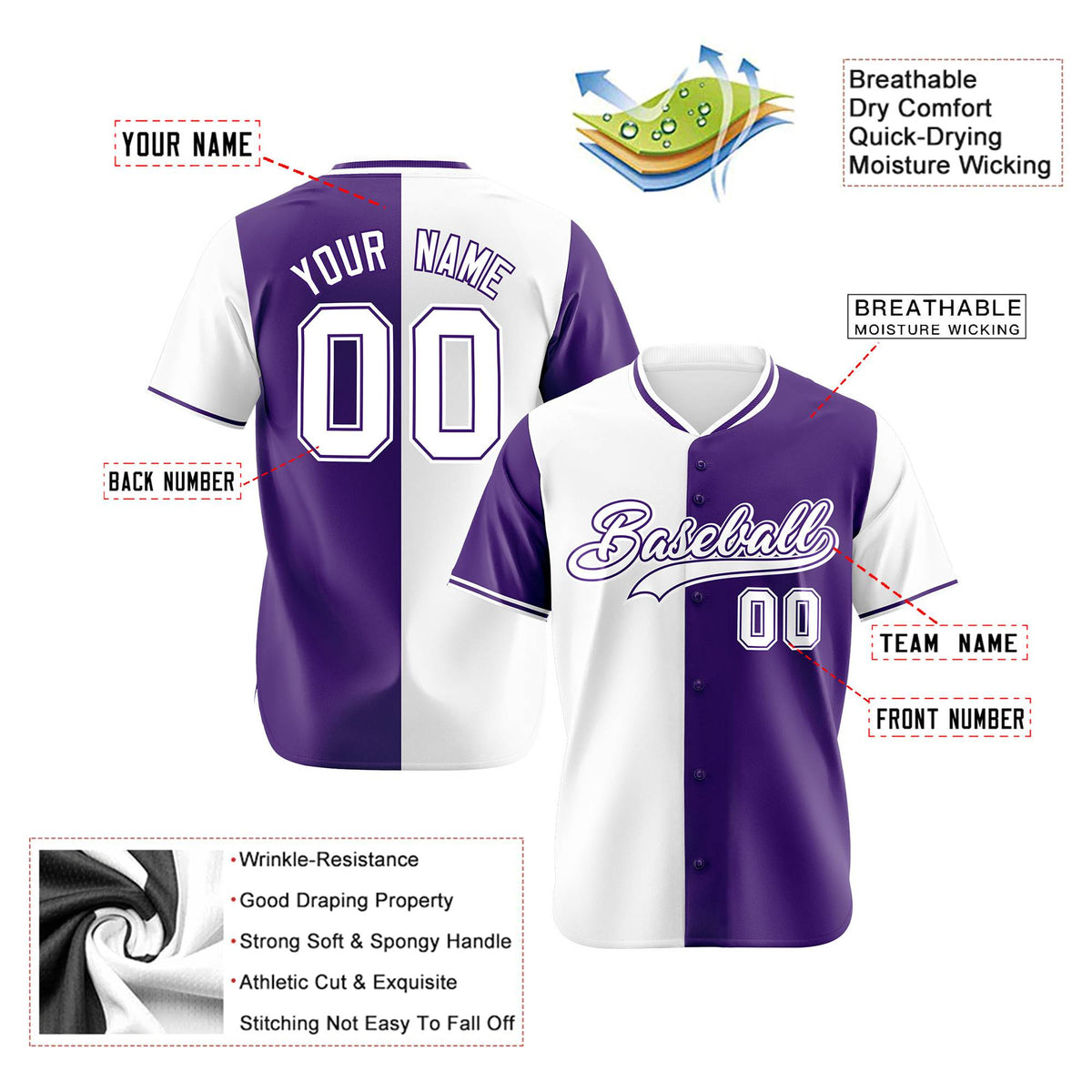 Custom White Purple Authentic Split Fashion Baseball Jersey