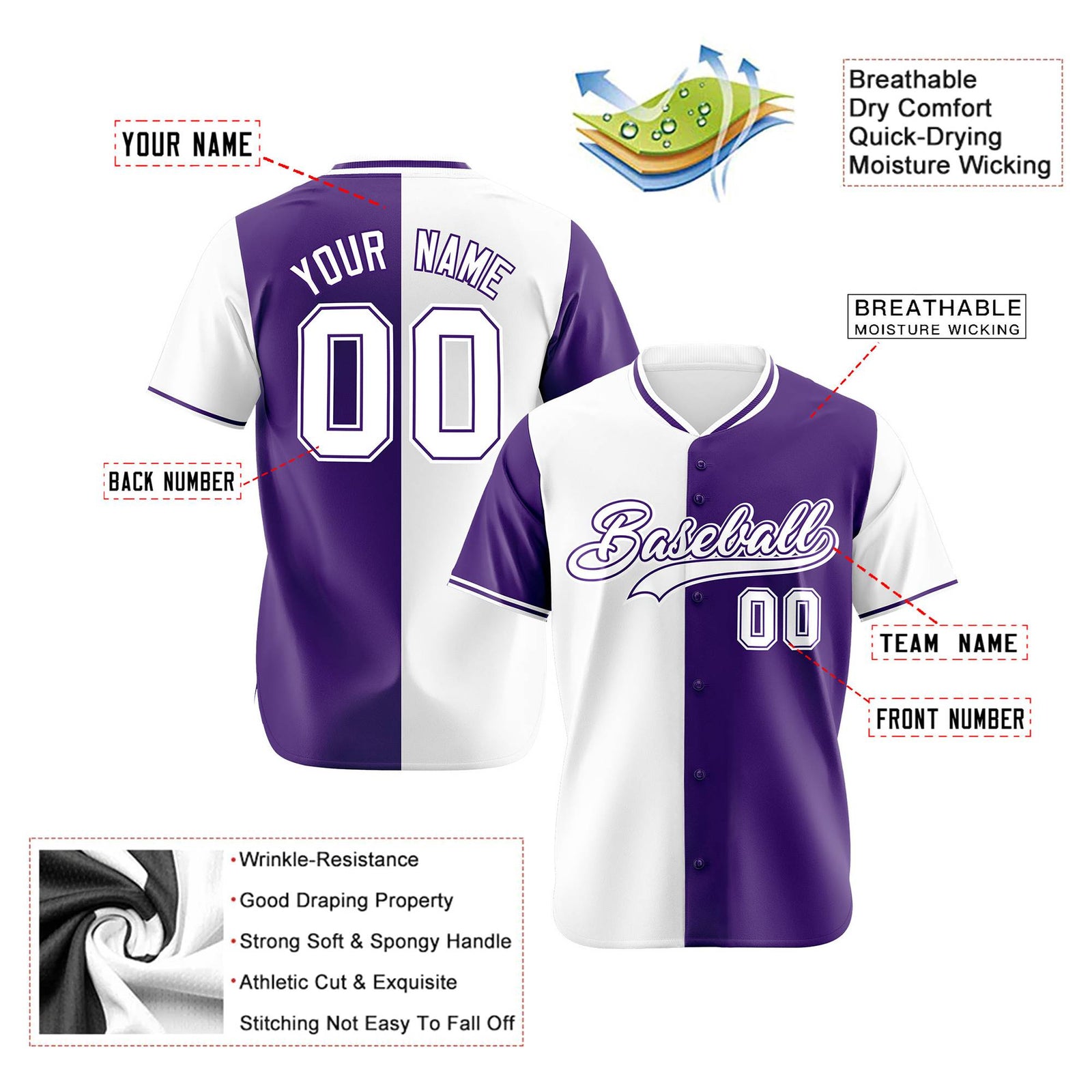 Custom White Purple Authentic Split Fashion Baseball Jersey