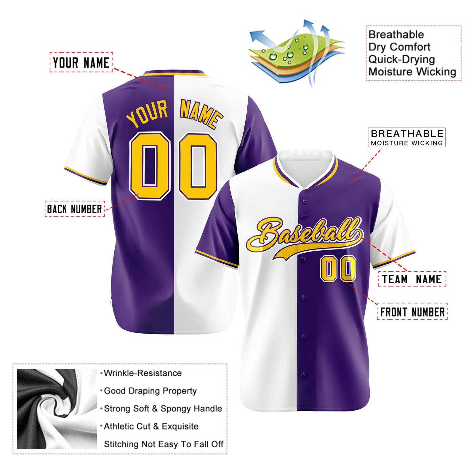 Custom White Purple Authentic Split Fashion Baseball Jersey