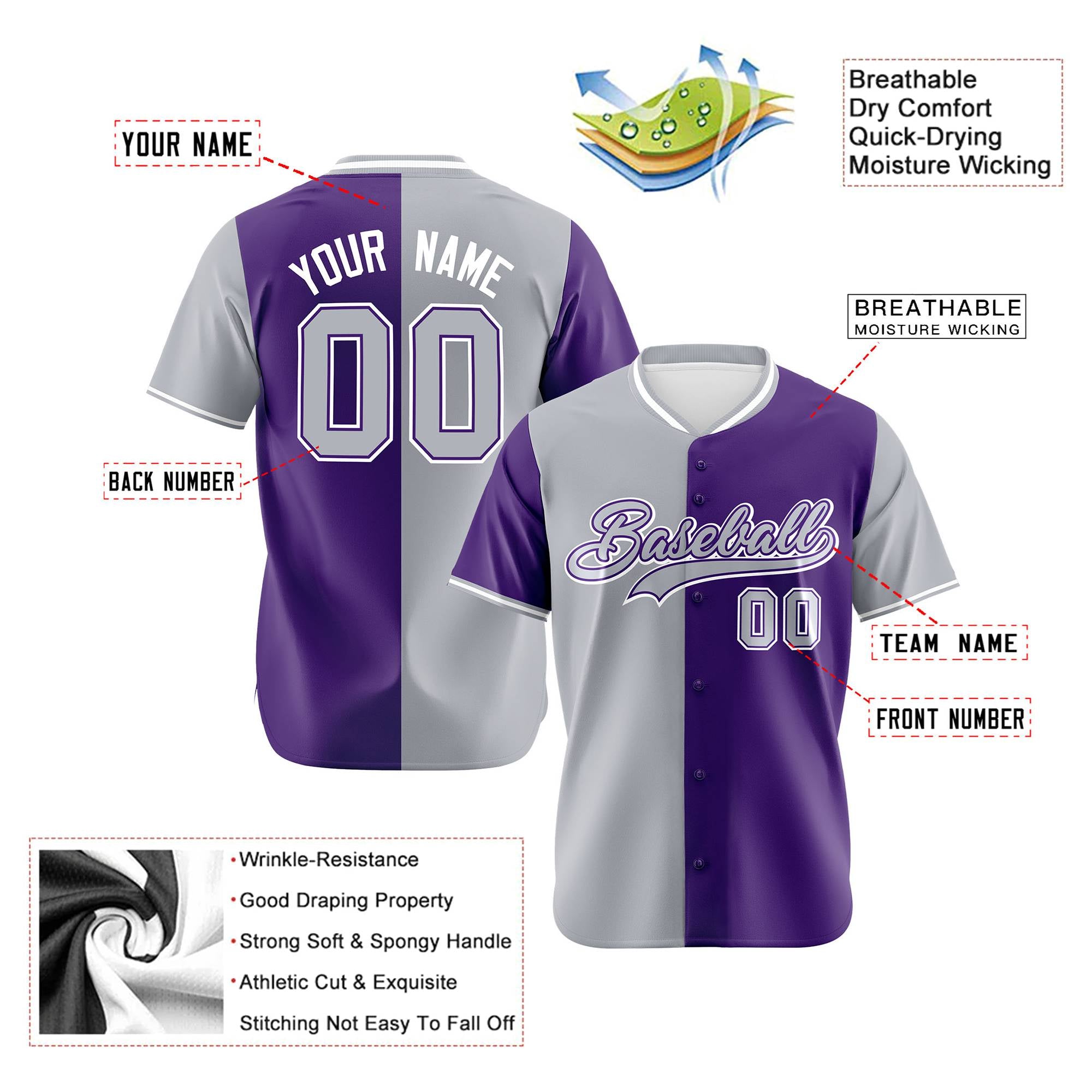 Custom Gray Purple Authentic Split Fashion Baseball Jersey