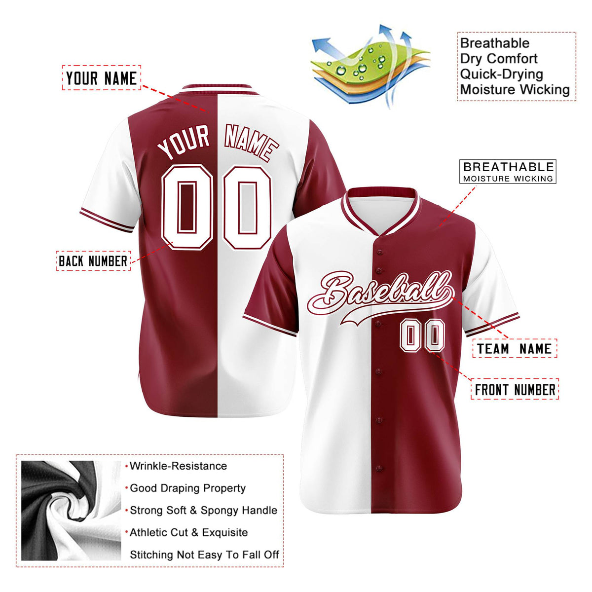 Custom White Crimson Authentic Split Fashion Baseball Jersey