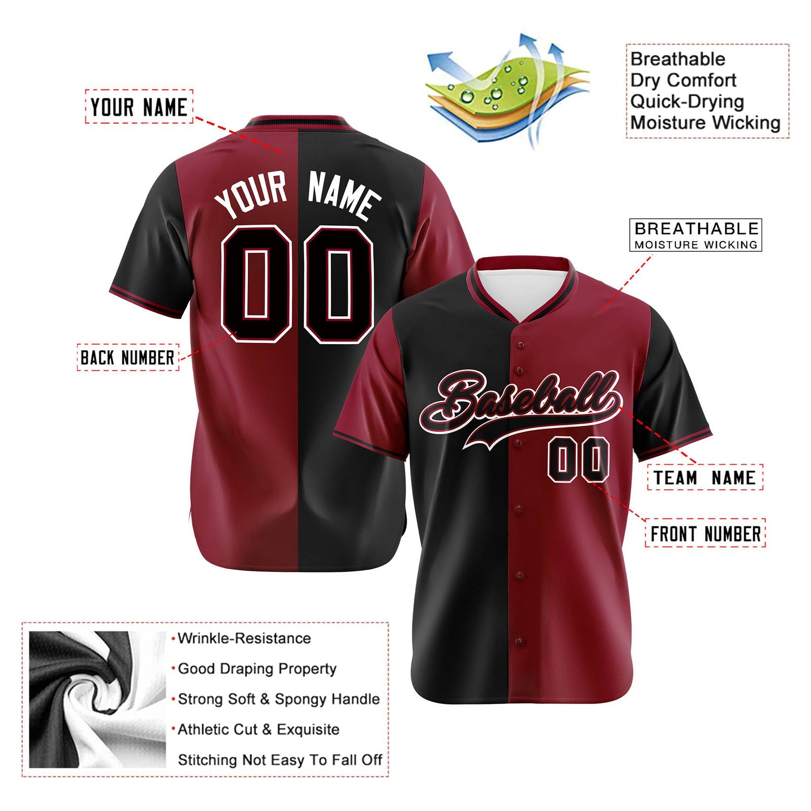 Custom Black Crimson Authentic Split Fashion Baseball Jersey