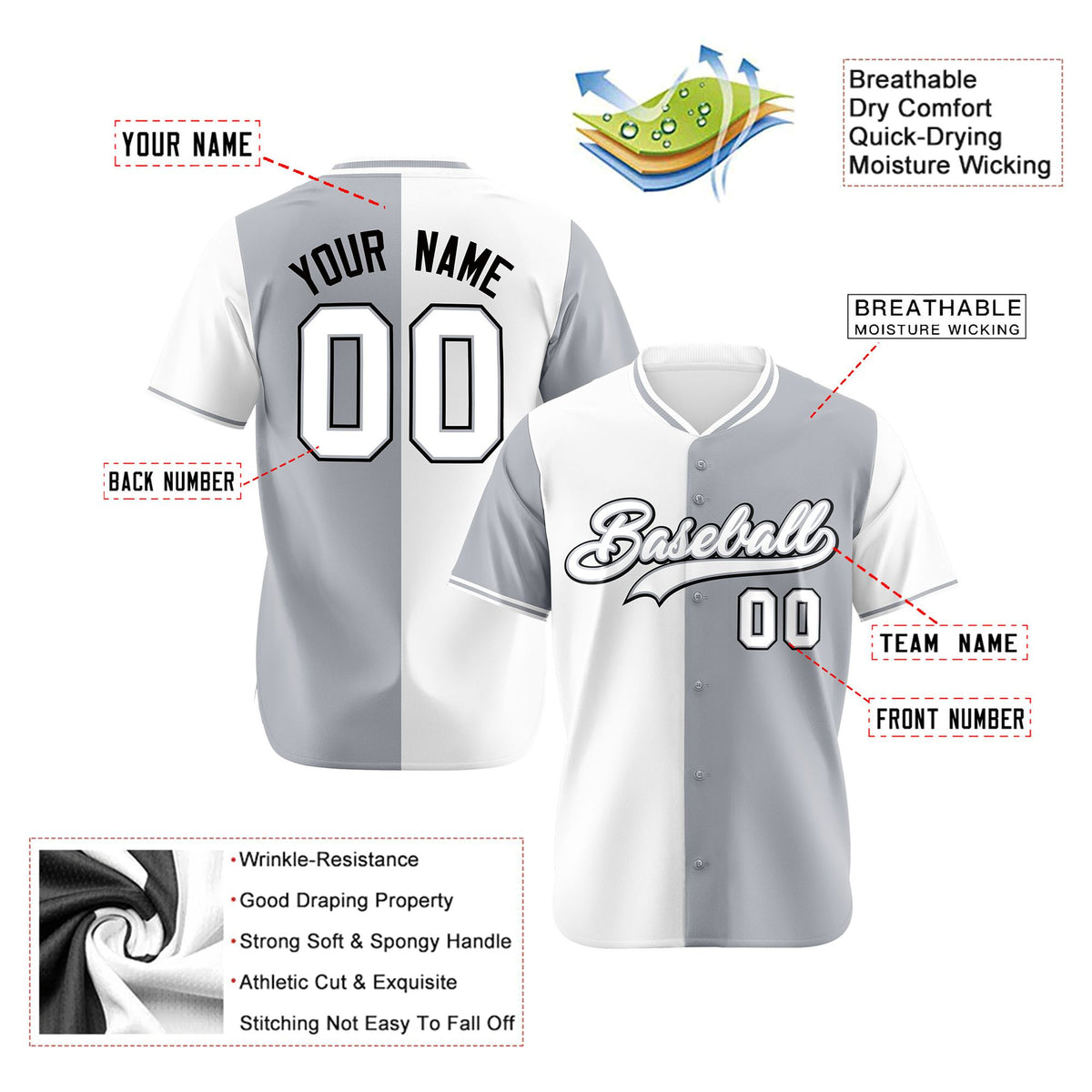 Custom White Gray Authentic Split Fashion Baseball Jersey