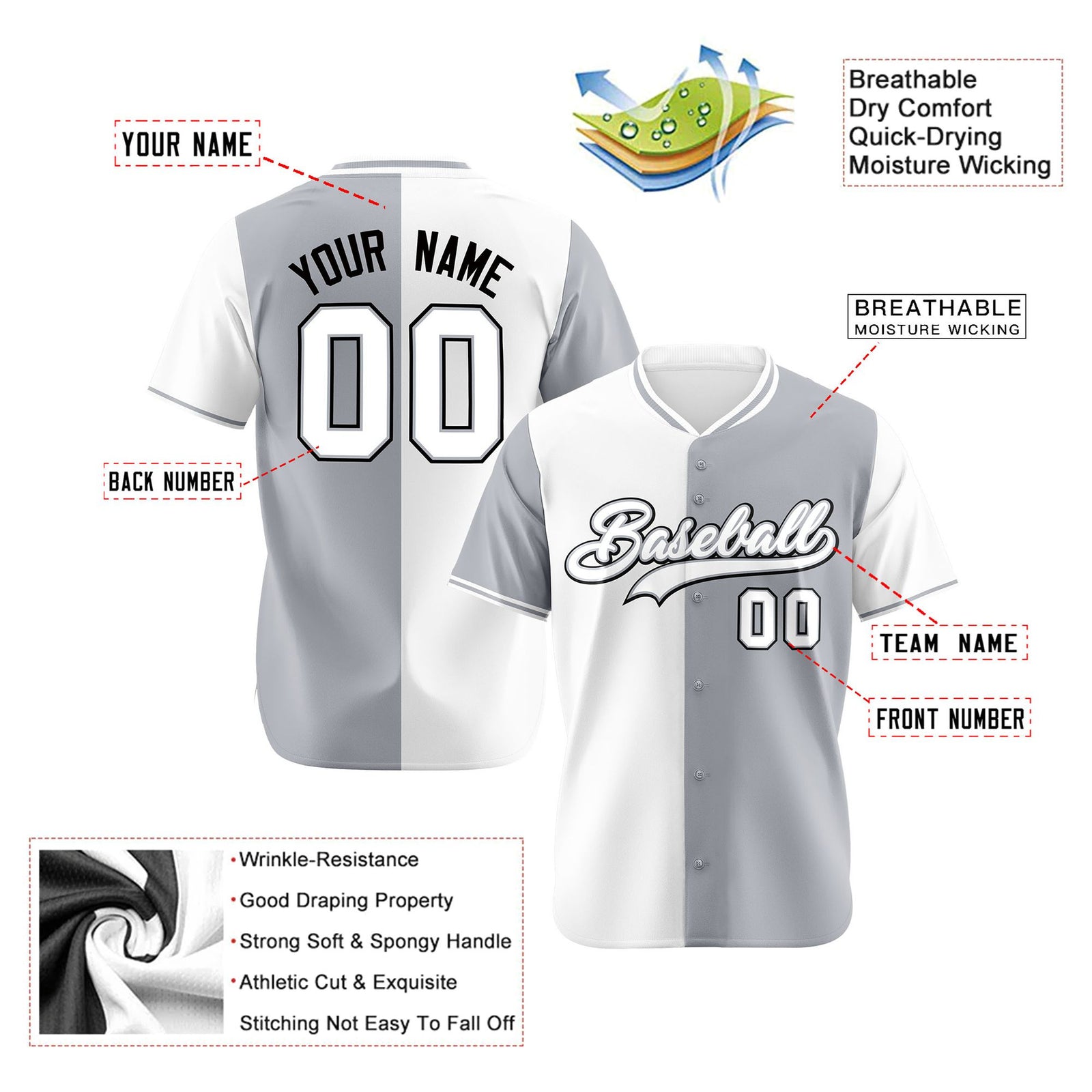 Custom White Gray Authentic Split Fashion Baseball Jersey