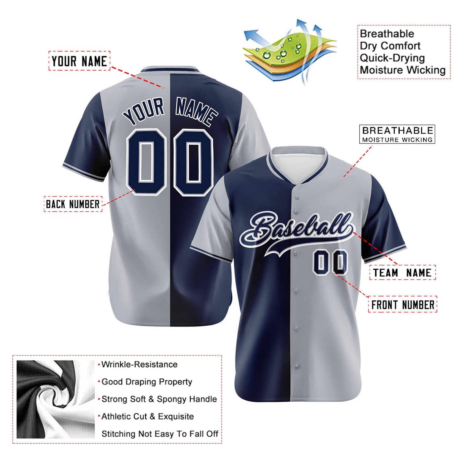 Custom Navy Gray Authentic Split Fashion Baseball Jersey