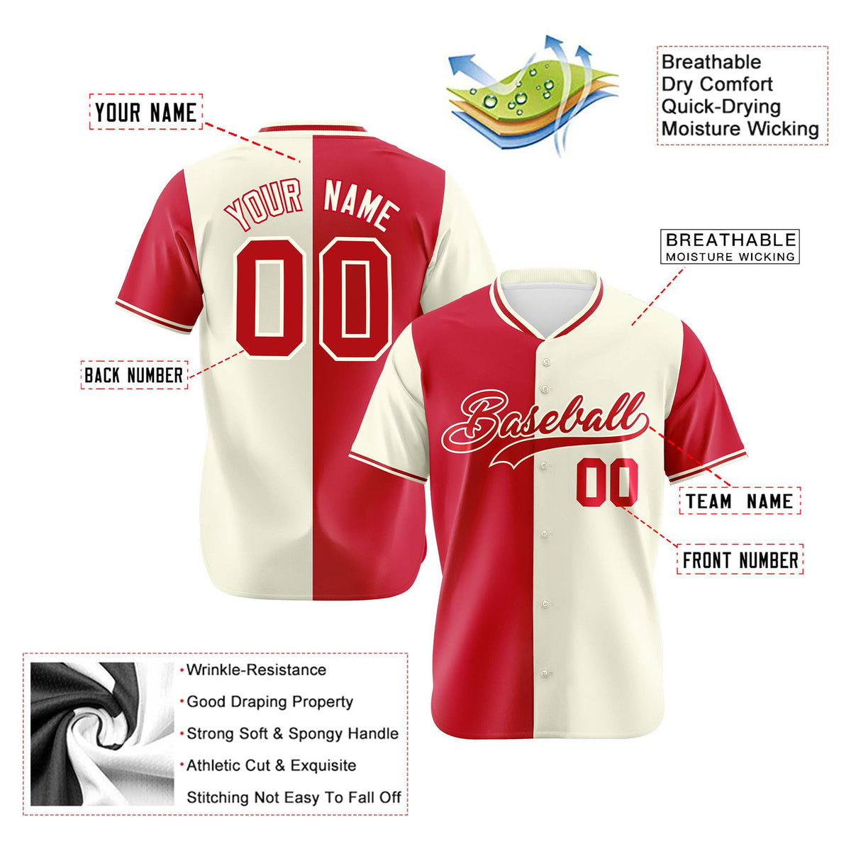 Custom Red Cream Authentic Split Fashion Baseball Jersey