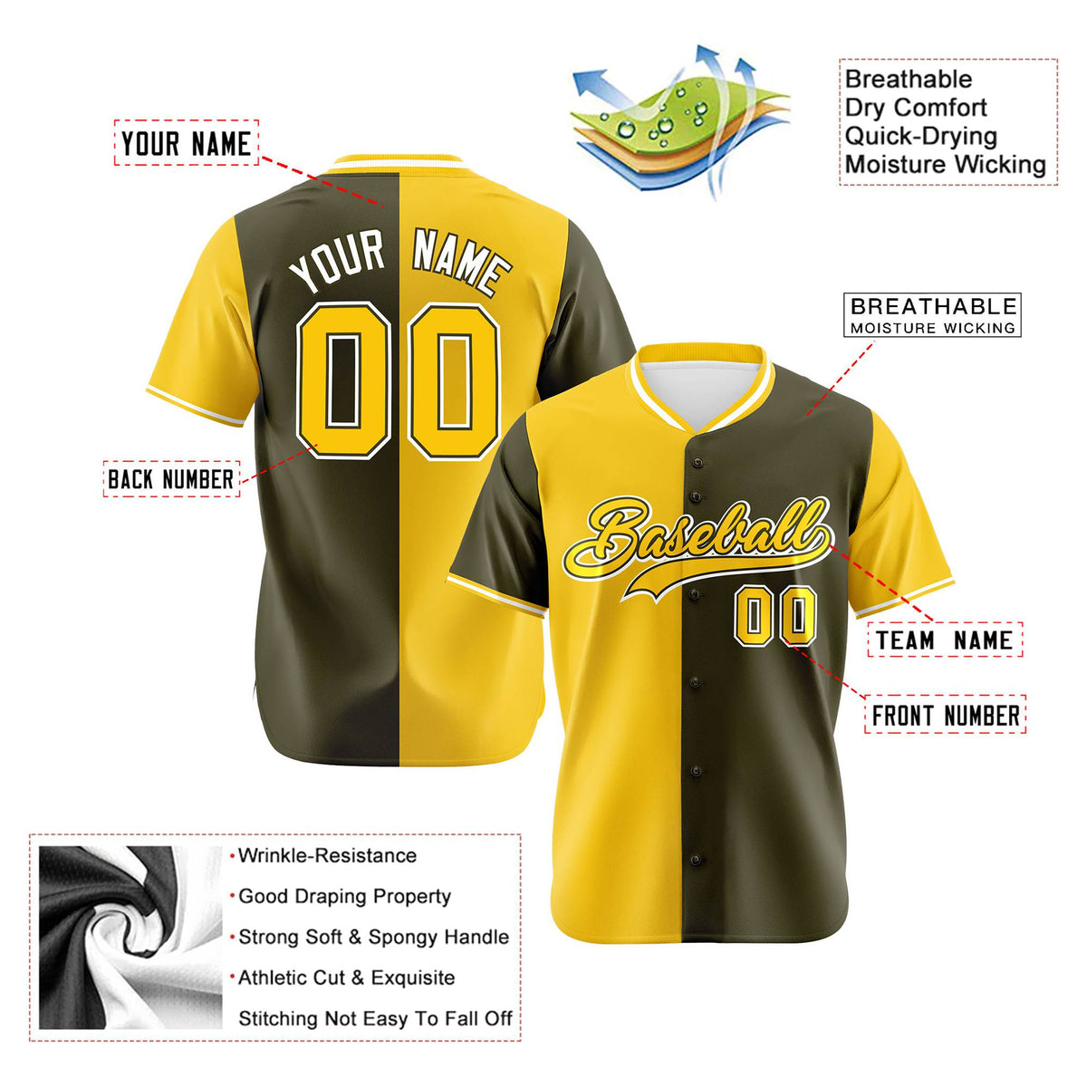 Custom Gold Olive Authentic Split Fashion Baseball Jersey
