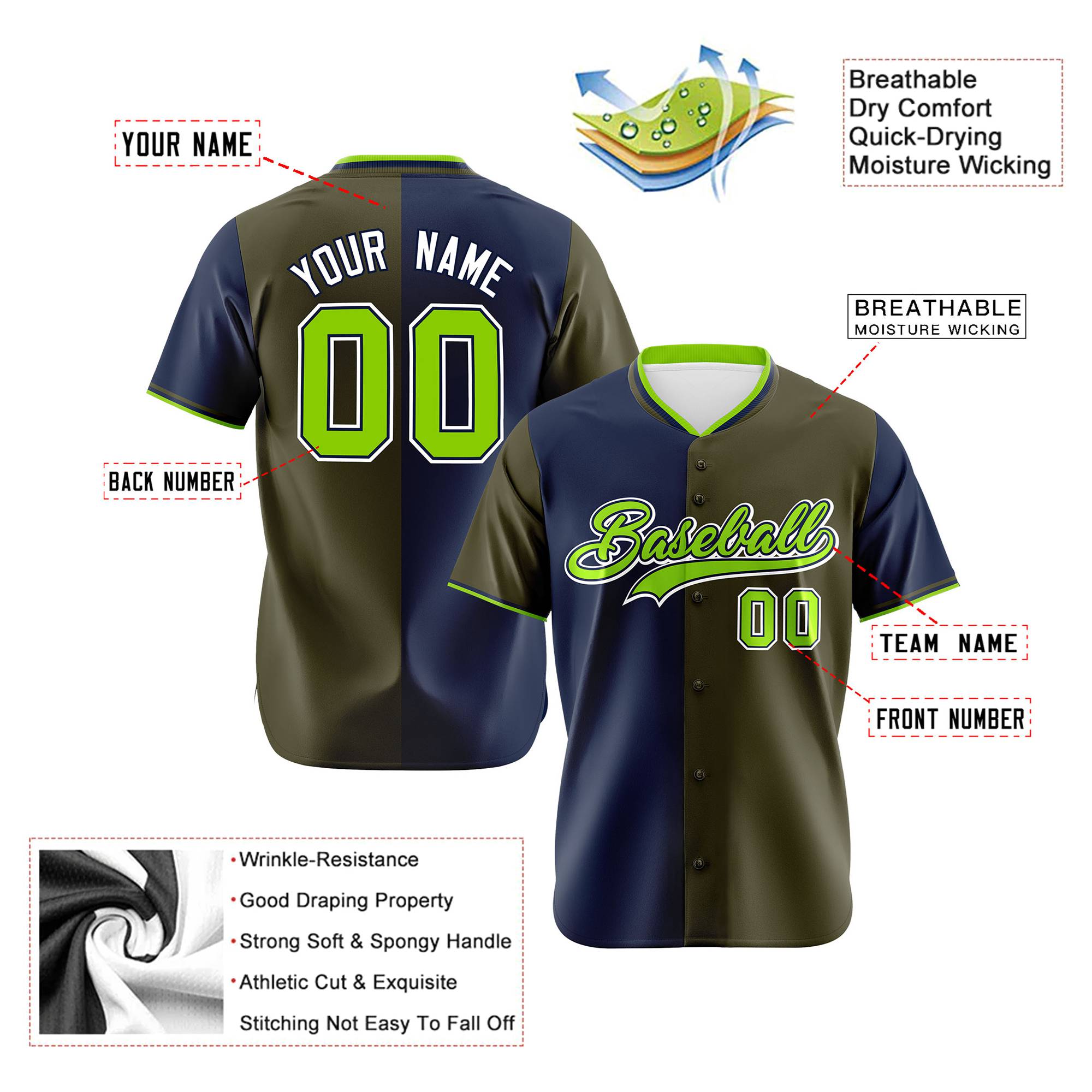 Custom Navy Olive Authentic Split Fashion Baseball Jersey