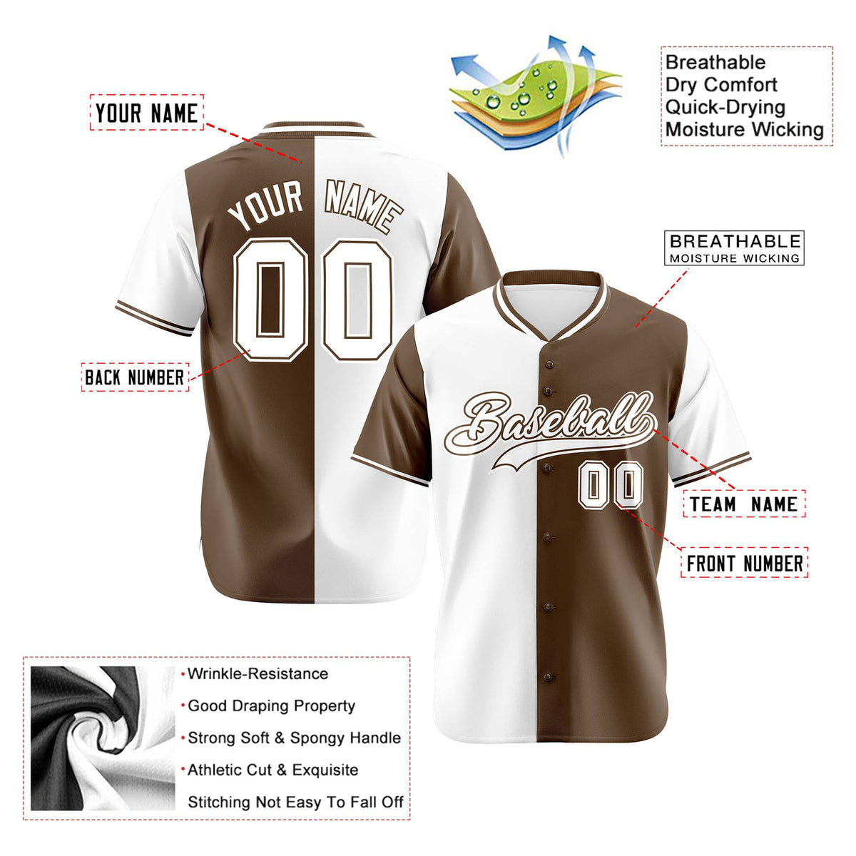 Custom White Light Brown Authentic Split Fashion Baseball Jersey