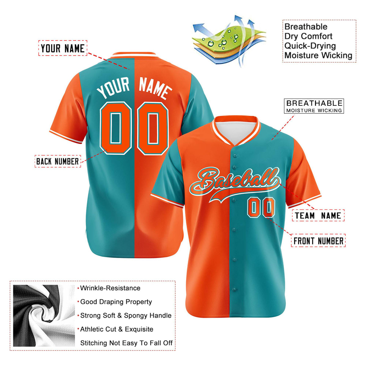 Custom Orange Aqua Authentic Split Fashion Baseball Jersey