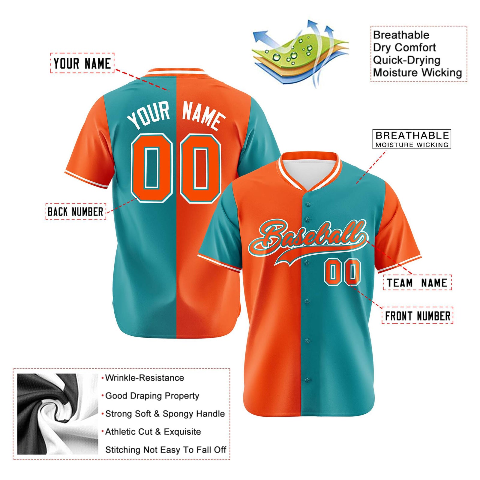 Custom Orange Aqua Authentic Split Fashion Baseball Jersey