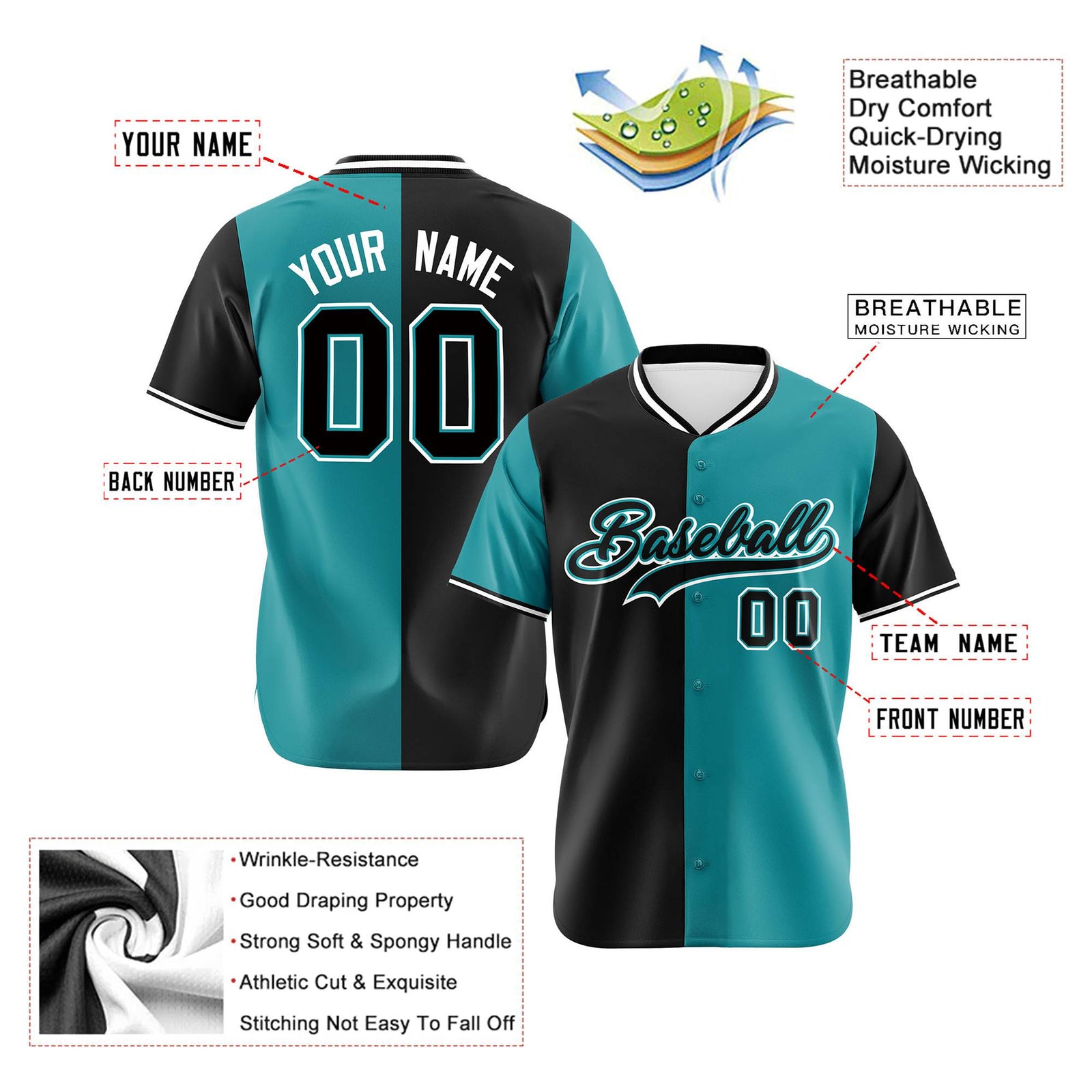 Custom Black Aqua Authentic Split Fashion Baseball Jersey