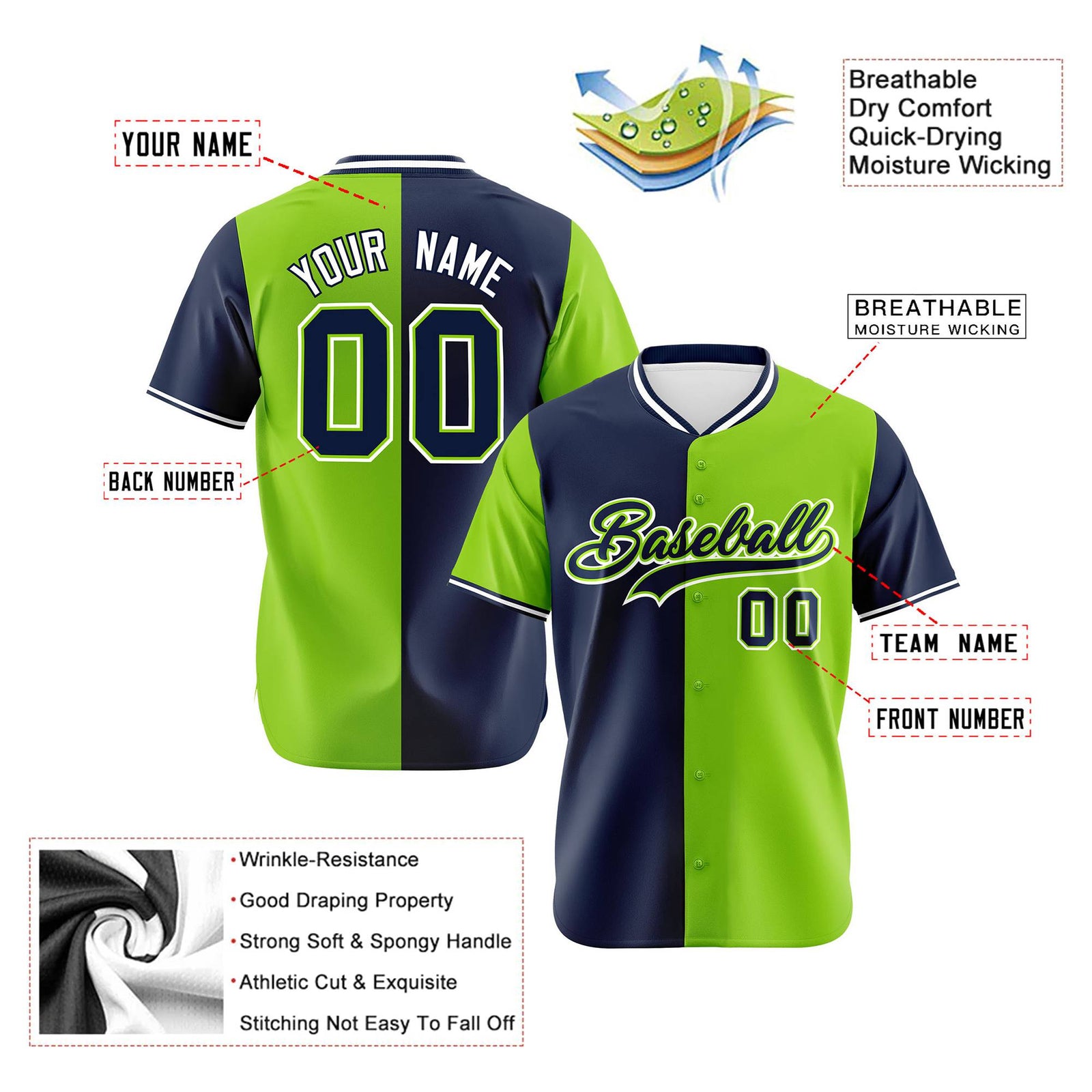 Custom Navy Neon Green Authentic Split Fashion Baseball Jersey