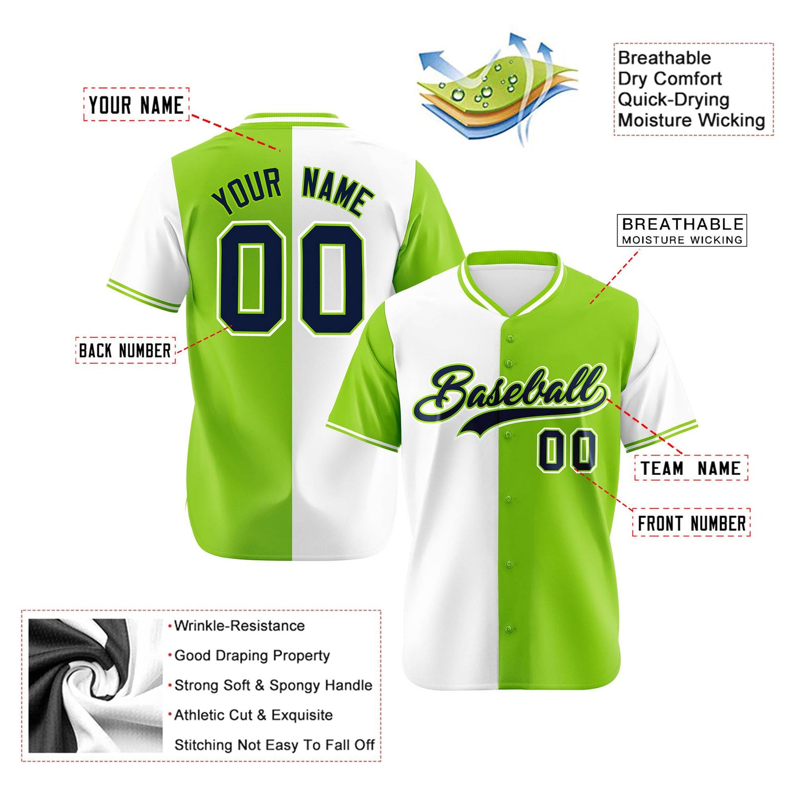 Custom White Neon Green Authentic Split Fashion Baseball Jersey