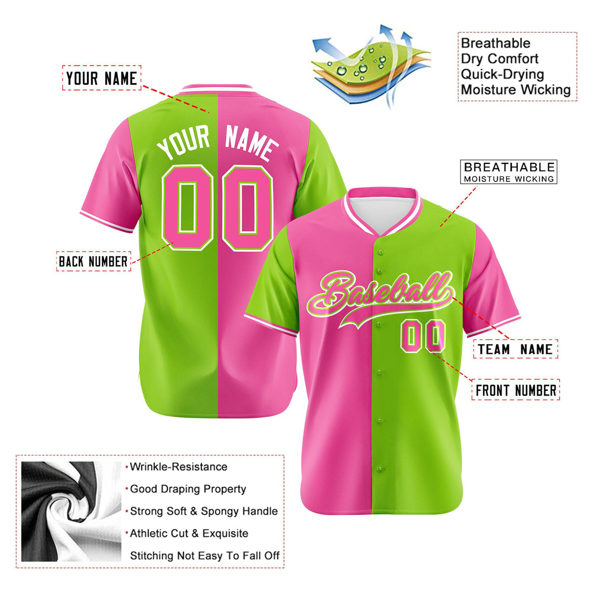 Custom Pink Neon Green Authentic Split Fashion Baseball Jersey