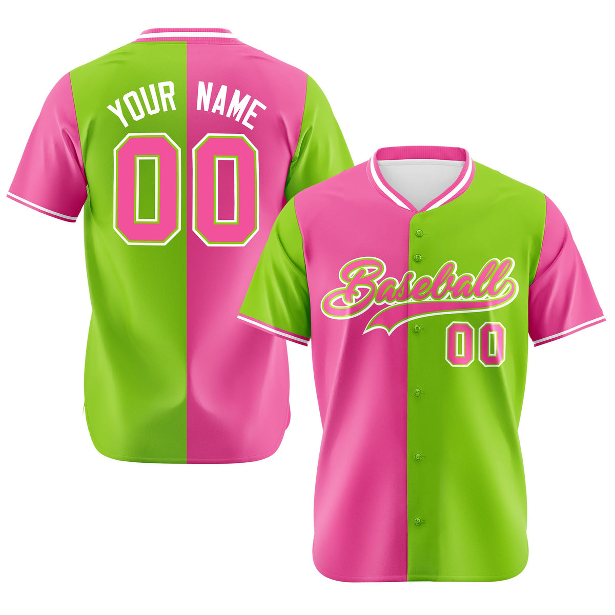 Custom Pink Neon Green Authentic Split Fashion Baseball Jersey