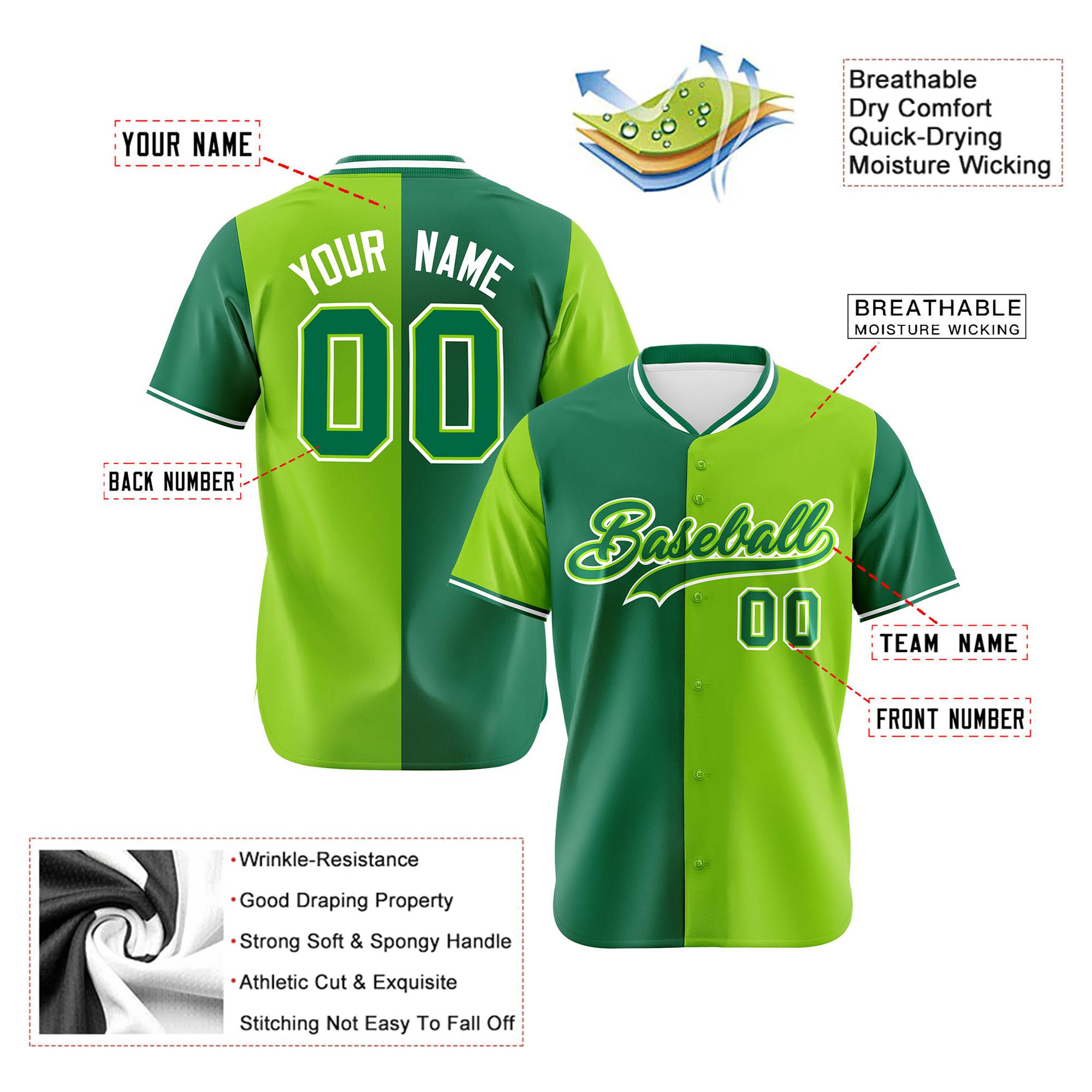 Custom Kelly Green-Neon Green Authentic Split Fashion Baseball Jersey