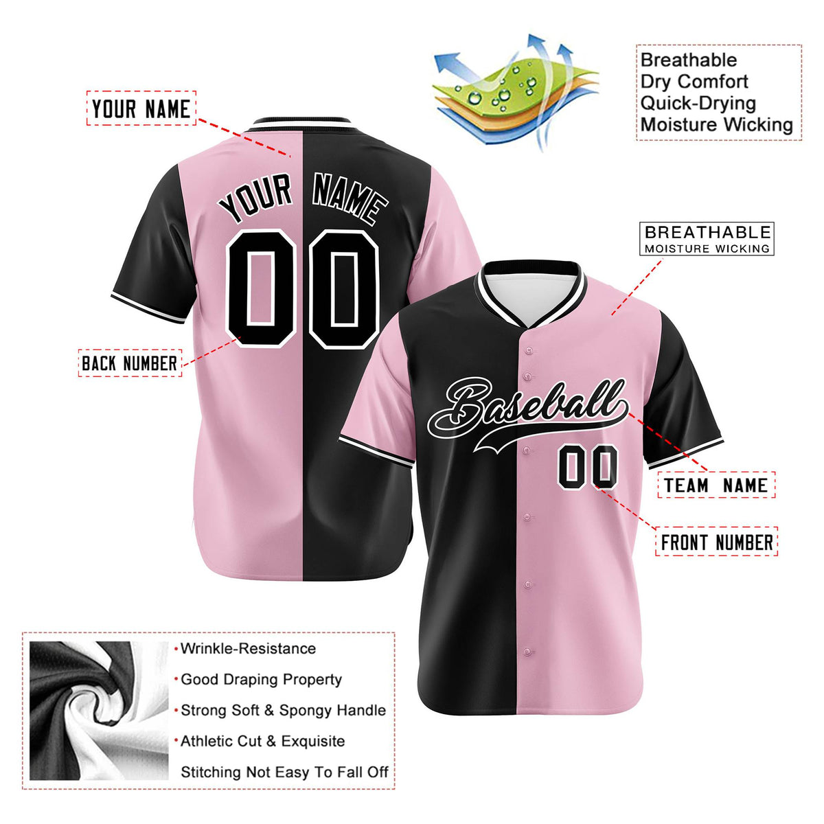 Custom Black Light Pink Authentic Split Fashion Baseball Jersey