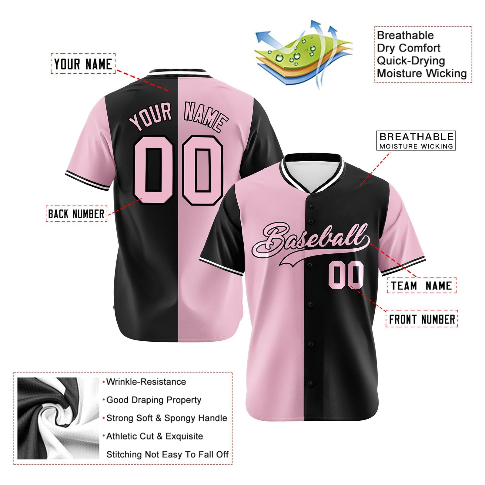 Custom Light Pink Black Authentic Split Fashion Baseball Jersey