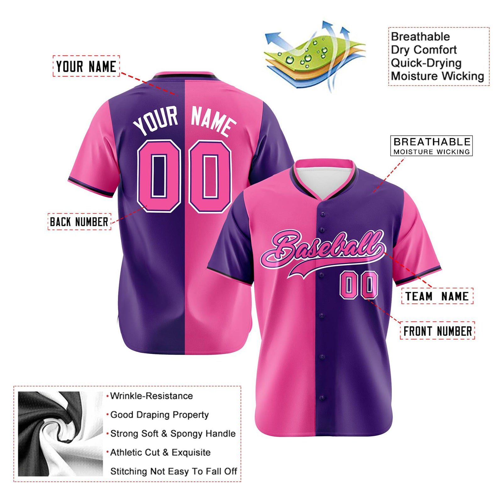 Custom Pink Purple Authentic Split Fashion Baseball Jersey