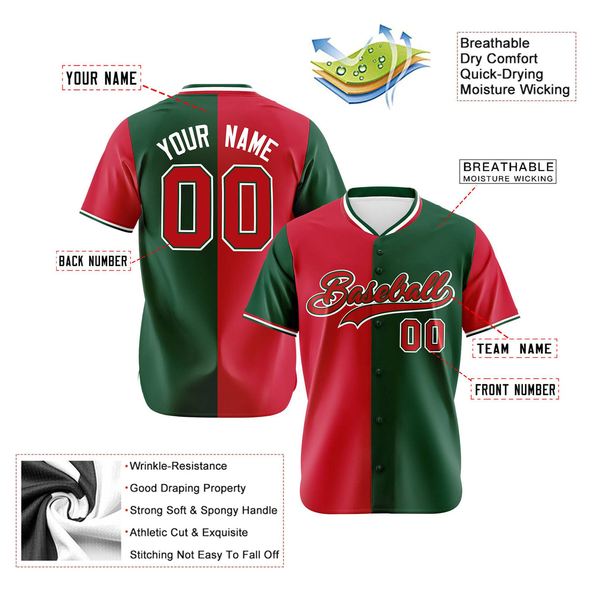 Custom Red Green Authentic Split Fashion Baseball Jersey